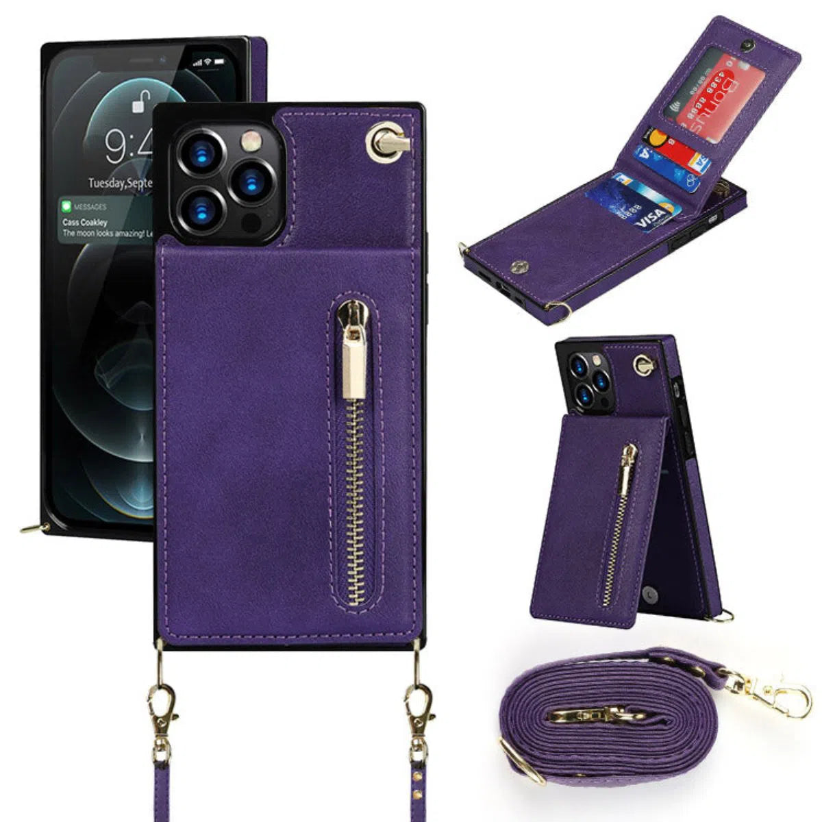 Buy Crossbody Wallet Phone Case, 5 Card Slots, Premium Leather, Kickstand Shockproof Case, Alima at Caseles-iPhone 16 Pro Max, Alima-Purple