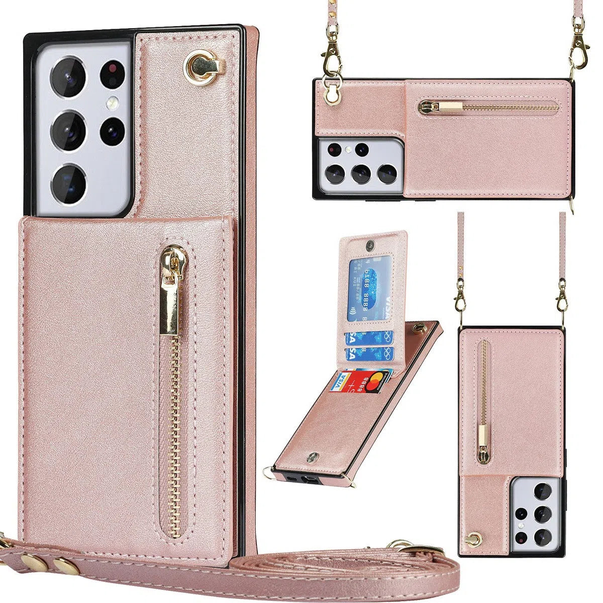 Buy Crossbody Wallet Phone Case, 5 Card Slots, Premium Leather, Kickstand Shockproof Case, Alima at Caseles-Samsung Galaxy S25 Ultra, Alina-Pink