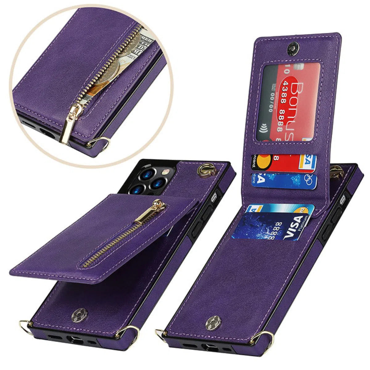 Buy Crossbody Wallet Phone Case, 5 Card Slots, Premium Leather, Kickstand Shockproof Case, Alima at Caseles-iPhone 16 Pro Max, Alima-Purple