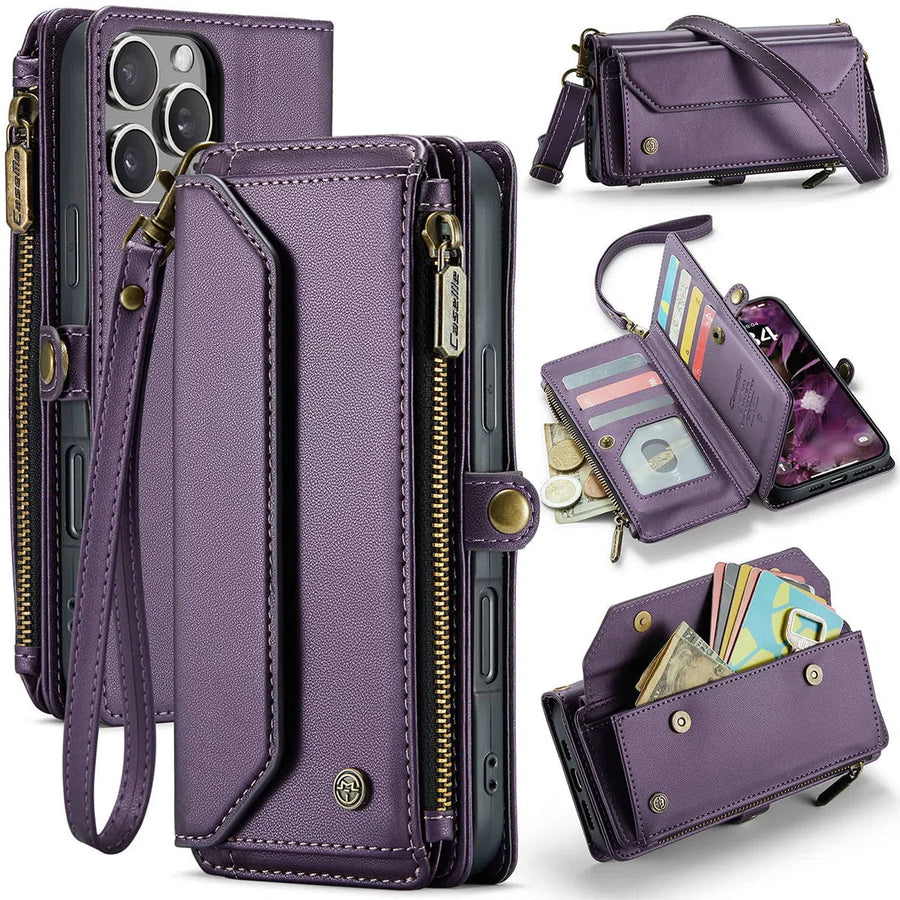 Buy Zipper Wallet Phone Case, RFID Blocking, Leather, Card Slots, for iPhone & Samsung,Aurora at Caseles-iPhone 16 Pro Max, Aurora-Purple