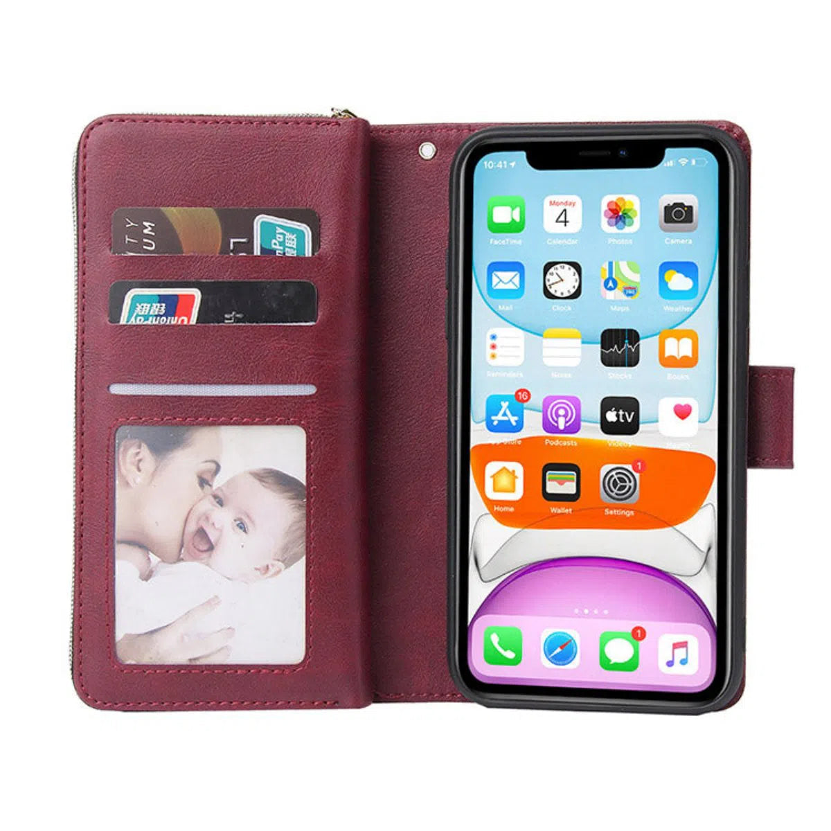 Buy Classic Wallet Phone Case, 9 Card Slots, Premium Leather, Credit Card Holder, Shockproof Case,Bakari at Caseles-iPhone 16 Pro Max, Bakari-Burgyndy