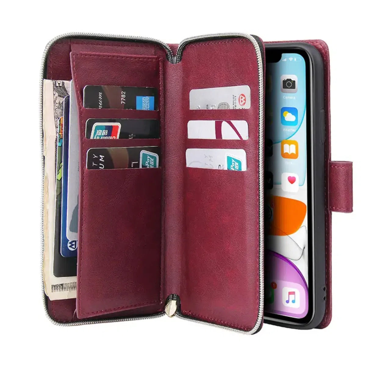 Buy Classic Wallet Phone Case, 9 Card Slots, Premium Leather, Credit Card Holder, Shockproof Case,Bakari at Caseles-iPhone 16 Pro Max, Bakari-Burgyndy