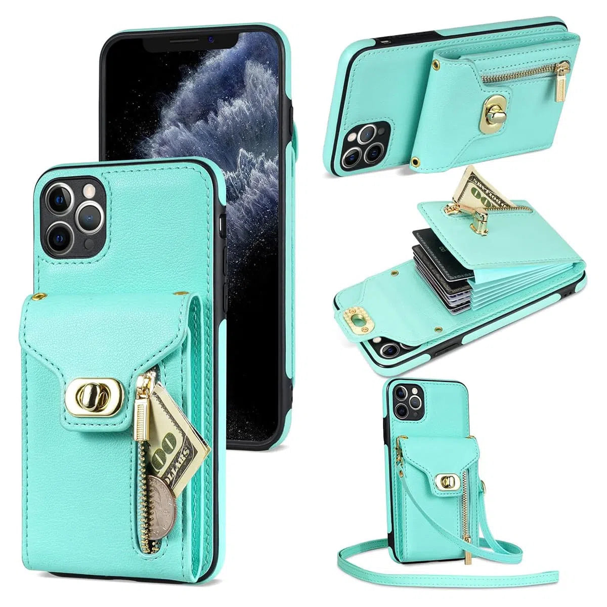 Buy Detachable Lanyard Leather Case Wallet Case Card Slot Shockproof Kickstand Zipper Closure Flip Leather Case for iPhone,Briella at Caseles-iPhone 16 Pro Max, Briella-Green