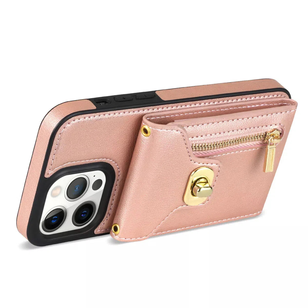 Buy Detachable Lanyard Leather Case Wallet Case Card Slot Shockproof Kickstand Zipper Closure Flip Leather Case for iPhone,Briella at Caseles-iPhone 16 Pro Max, Briella-Pink