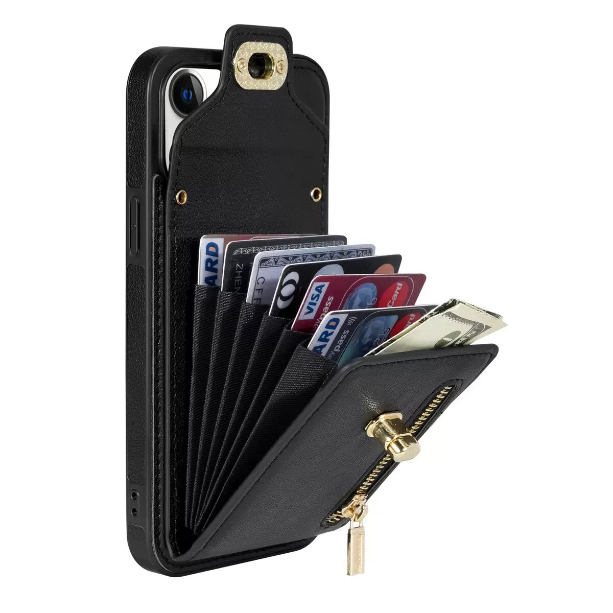 Buy Detachable Lanyard Leather Case Wallet Case Card Slot Shockproof Kickstand Zipper Closure Flip Leather Case for iPhone,Briana at Caseles-iPhone 16 Pro Max, Briana-Black