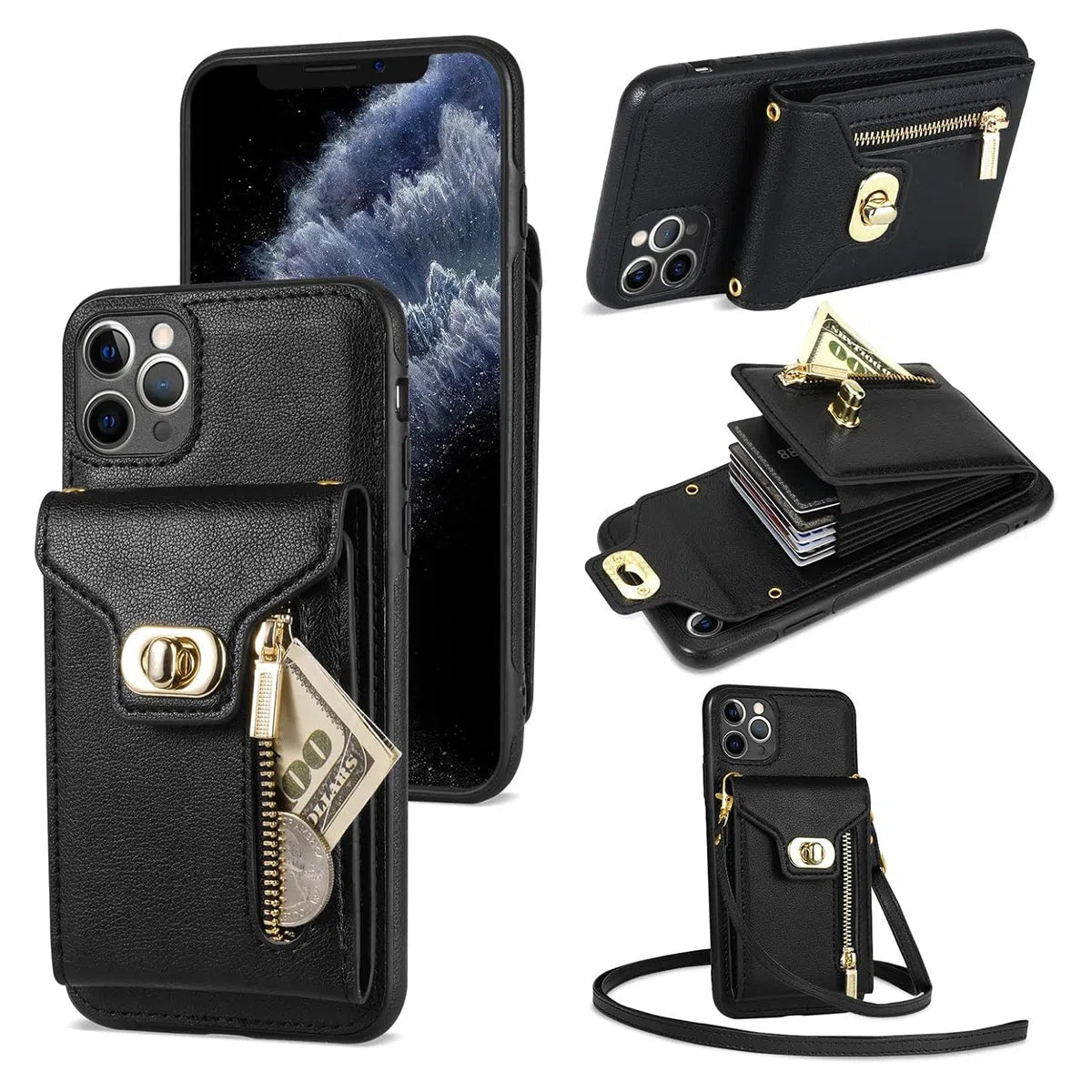 Buy Detachable Lanyard Leather Case Wallet Case Card Slot Shockproof Kickstand Zipper Closure Flip Leather Case for iPhone,Briana at Caseles-iPhone 16 Pro Max, Briana-Black