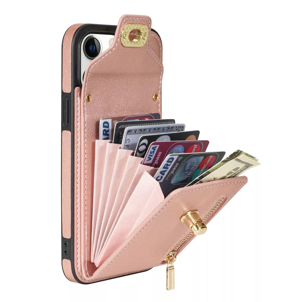 Buy Detachable Lanyard Leather Case Wallet Case Card Slot Shockproof Kickstand Zipper Closure Flip Leather Case for iPhone,Briella at Caseles-iPhone 16 Pro Max, Briella-Pink