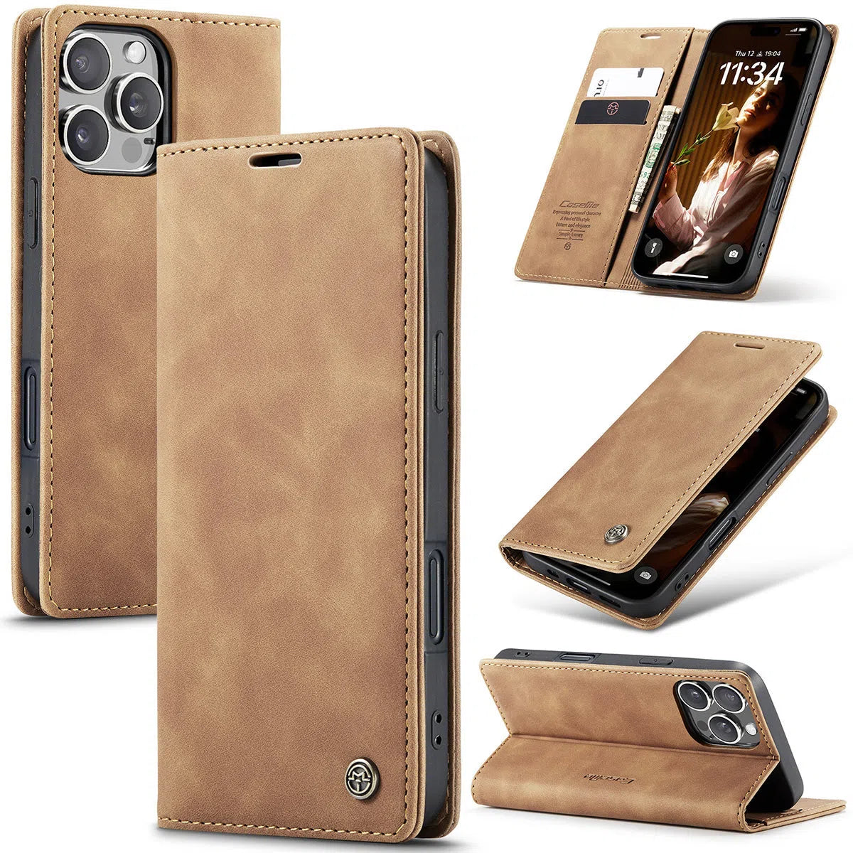 Buy Magnetic Flip Leather Card Wallet Case for iPhone, Kickstand & Drop Protection, BROOKS at Caseles-iPhone 16 Pro Max, BJM-Brown