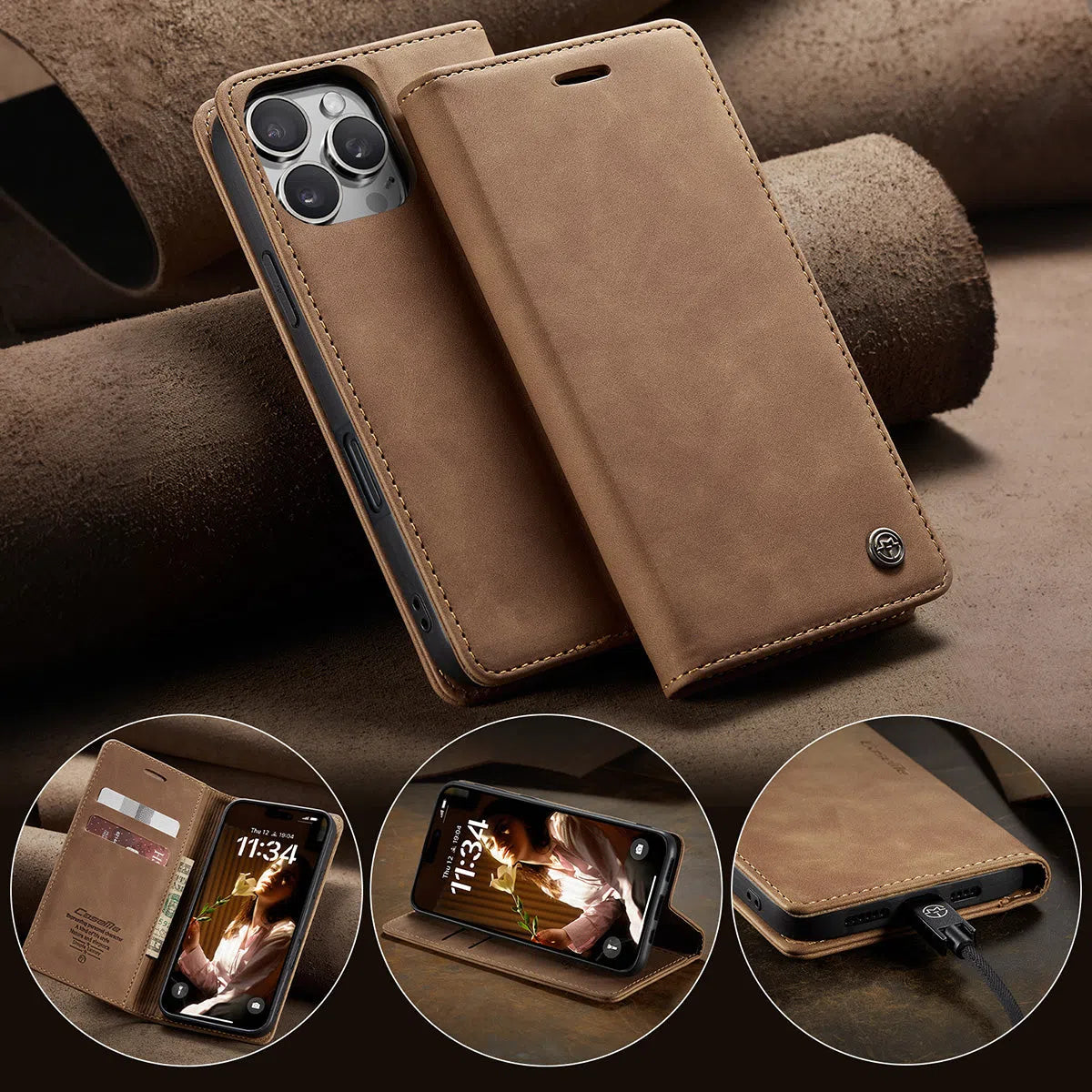 Buy Magnetic Flip Leather Card Wallet Case for iPhone, Kickstand & Drop Protection, BROOKS at Caseles-iPhone 16 Pro Max, BJM-Coffee