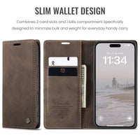 Buy Magnetic Flip Leather Card Wallet Case for iPhone, Kickstand & Drop Protection, BROOKS at Caseles-iPhone 16 Pro Max, BJM-Coffee