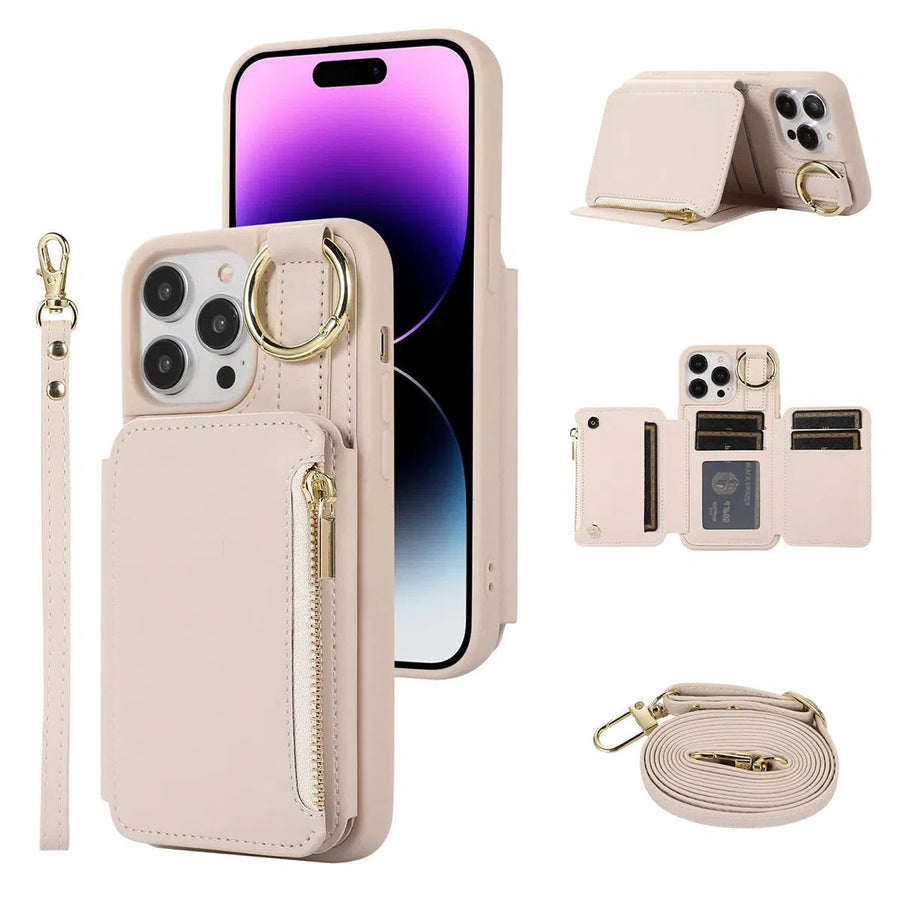 Buy Wallet Case with Wrist and Shoulder Strap Card Holder Ring Stand Flip Zipper Leather 6+ Slots RFID Blocking Phone Cover for iPhone,Charlotte at Caseles-iPhone 16 Pro Max, Charlotte-Beige