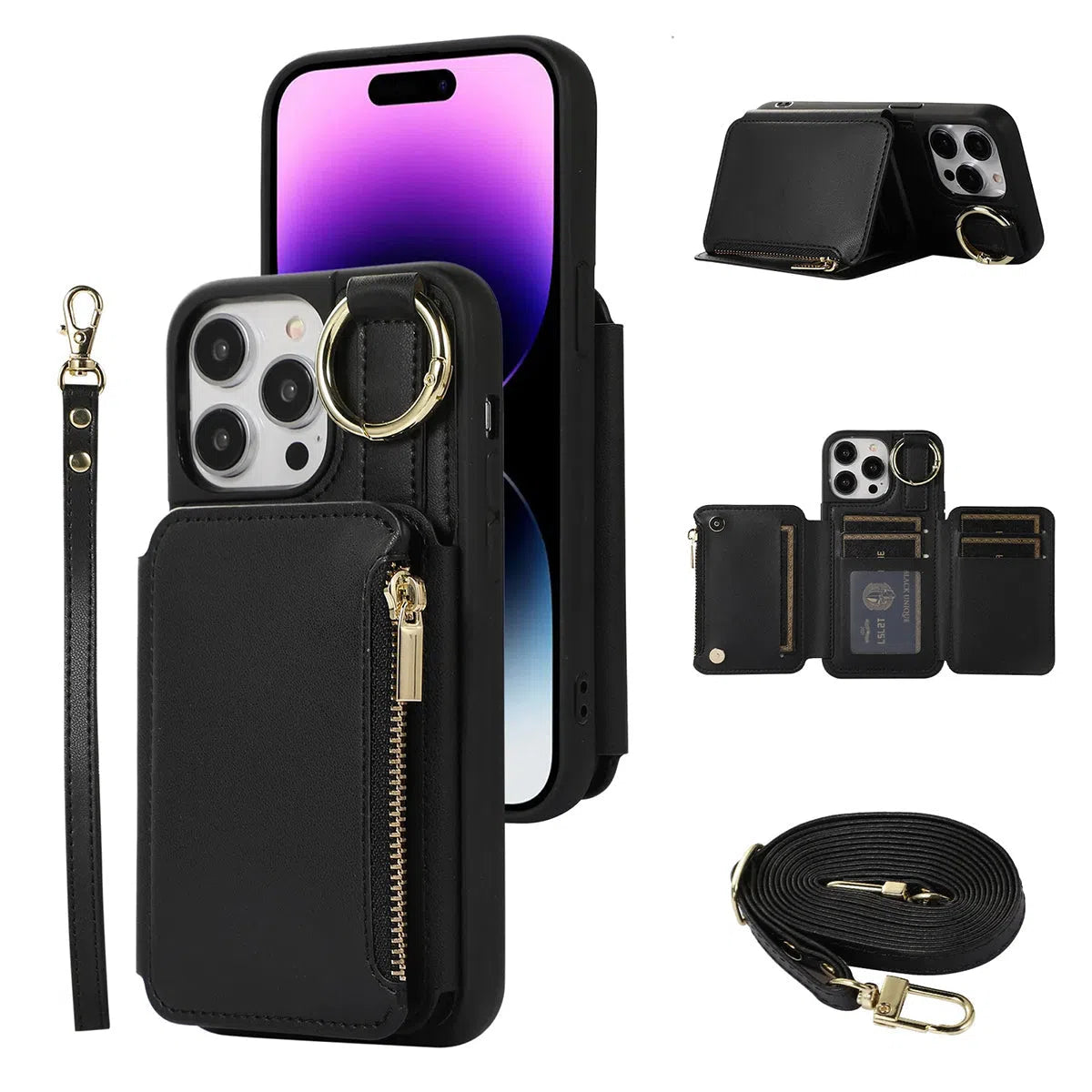 Buy Wallet Case with Wrist and Shoulder Strap Card Holder Ring Stand Flip Zipper Leather 6+ Slots RFID Blocking Phone Cover for iPhone,Charlotte at Caseles-iPhone 16 Pro Max, Charlotte-Black