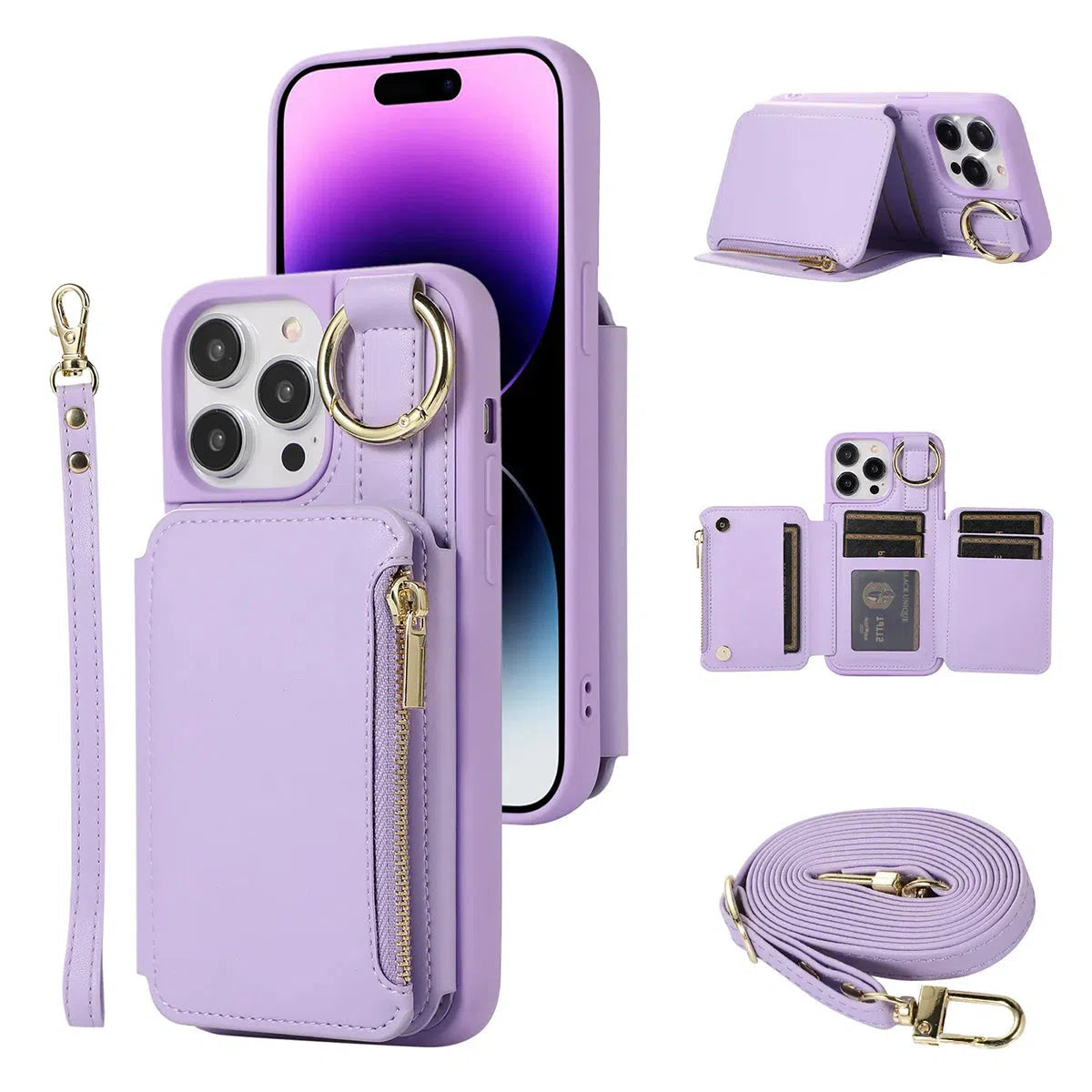 Buy Wallet Case with Wrist and Shoulder Strap Card Holder Ring Stand Flip Zipper Leather 6+ Slots RFID Blocking Phone Cover for iPhone,Charlotte at Caseles-iPhone 16 Pro Max, Charlotte-Purple