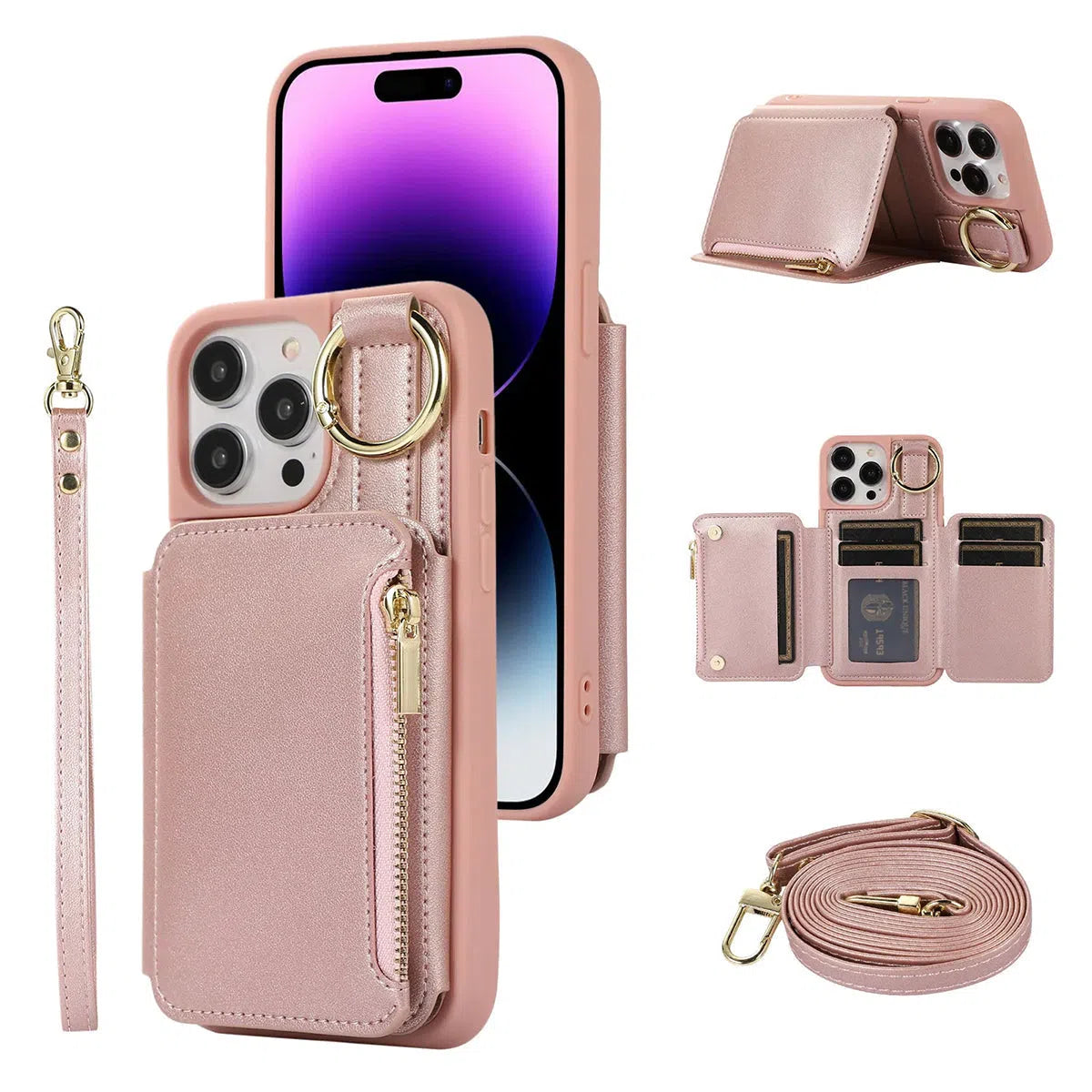 Buy Wallet Case with Wrist and Shoulder Strap Card Holder Ring Stand Flip Zipper Leather 6+ Slots RFID Blocking Phone Cover for iPhone,Charlotte at Caseles-iPhone 16 Pro Max, Charlotte-RoseGold