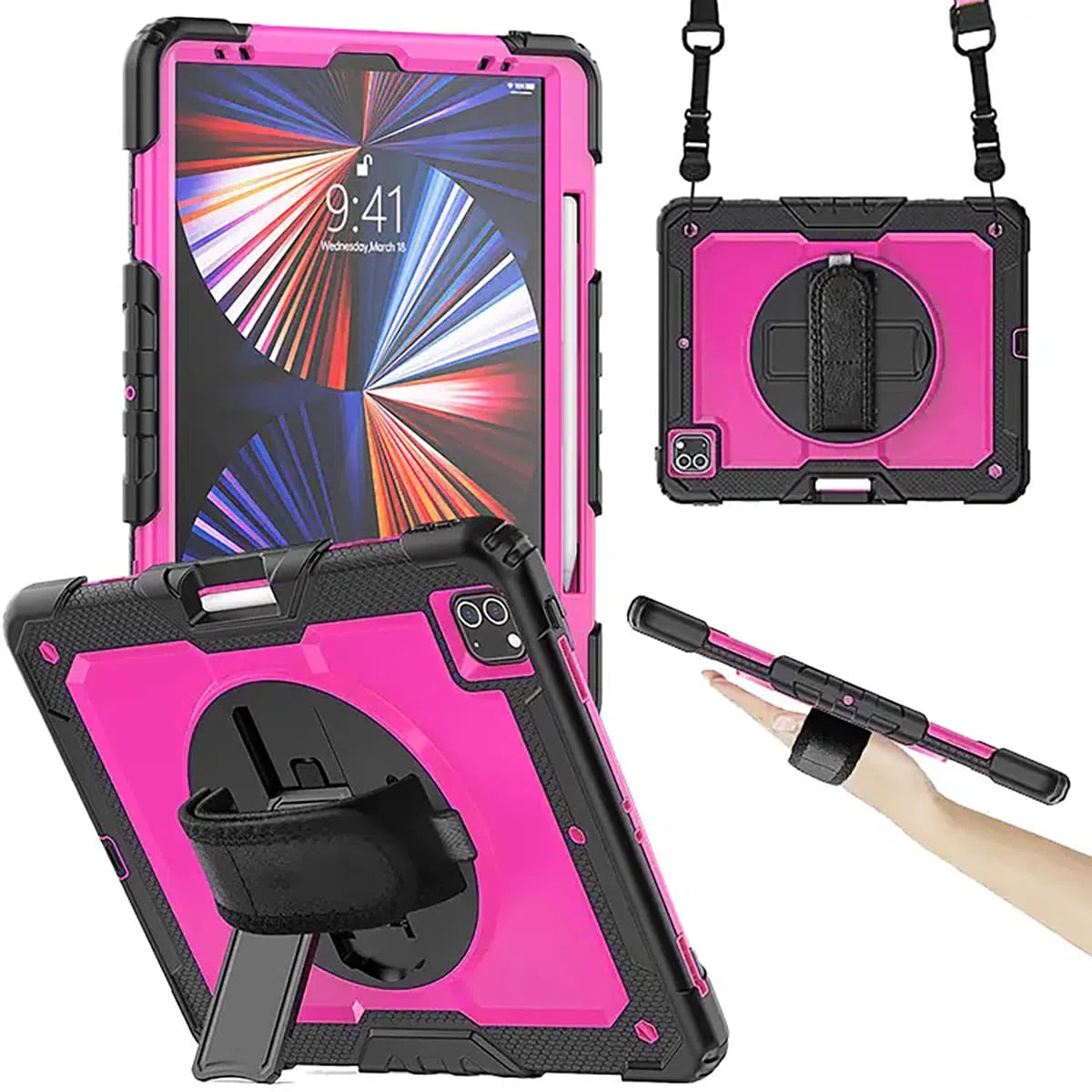 Buy Full Body Case for iPad, with Detachable Strap & Pencil Holder & built in Screen Protector 360 Rotating Hand Strap Stand Drop Proof Cover at Caseles-iPad Air 6 (2024 13 inch), CFBP-Pink