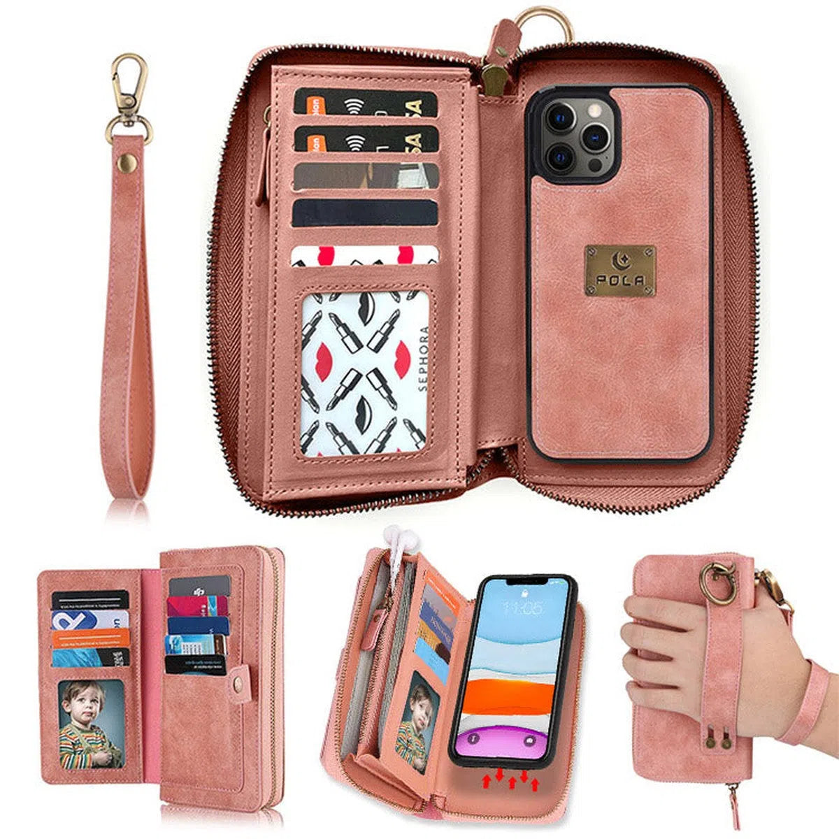 Buy Multi Functional Wallet Phone Case, 14 Card Slots 3 Purse 1 Zipper 1 Wrist Band 1 Metal Buckle, Wrist Strap Clutch Magnetic Detachable,Darell at Caseles-iPhone 16 Pro Max, Darell-Brown