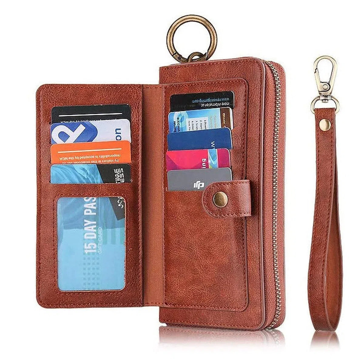 Buy Multi Functional Wallet Phone Case, 14 Card Slots 3 Purse 1 Zipper 1 Wrist Band 1 Metal Buckle, Wrist Strap Clutch Magnetic Detachable,Darell at Caseles-iPhone 16 Pro Max, Darell-Brown