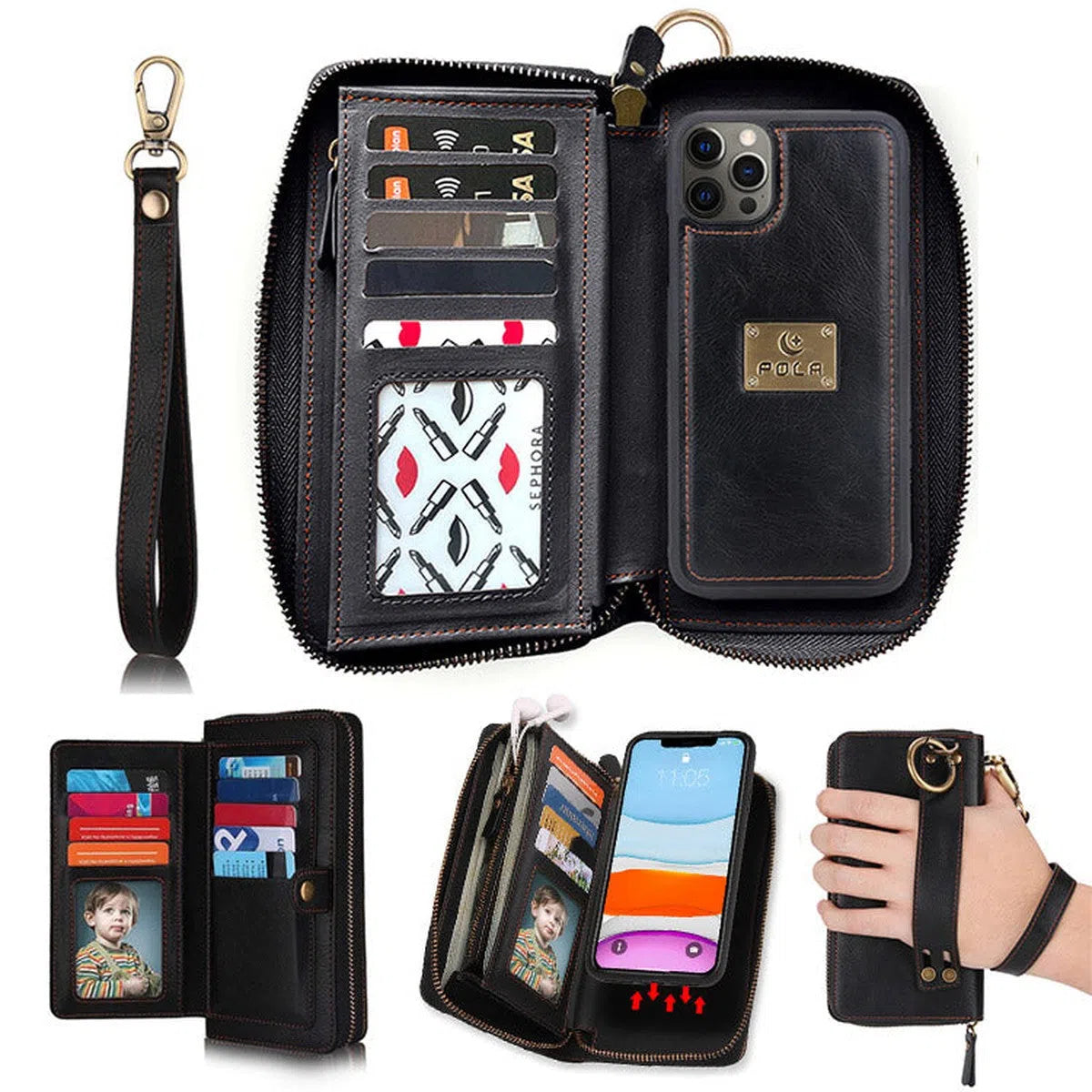 Buy Multi Functional Wallet Phone Case, 14 Card Slots 3 Purse 1 Zipper 1 Wrist Band 1 Metal Buckle, Wrist Strap Clutch Magnetic Detachable,Darell at Caseles-iPhone 16 Pro Max, Darell-Brown