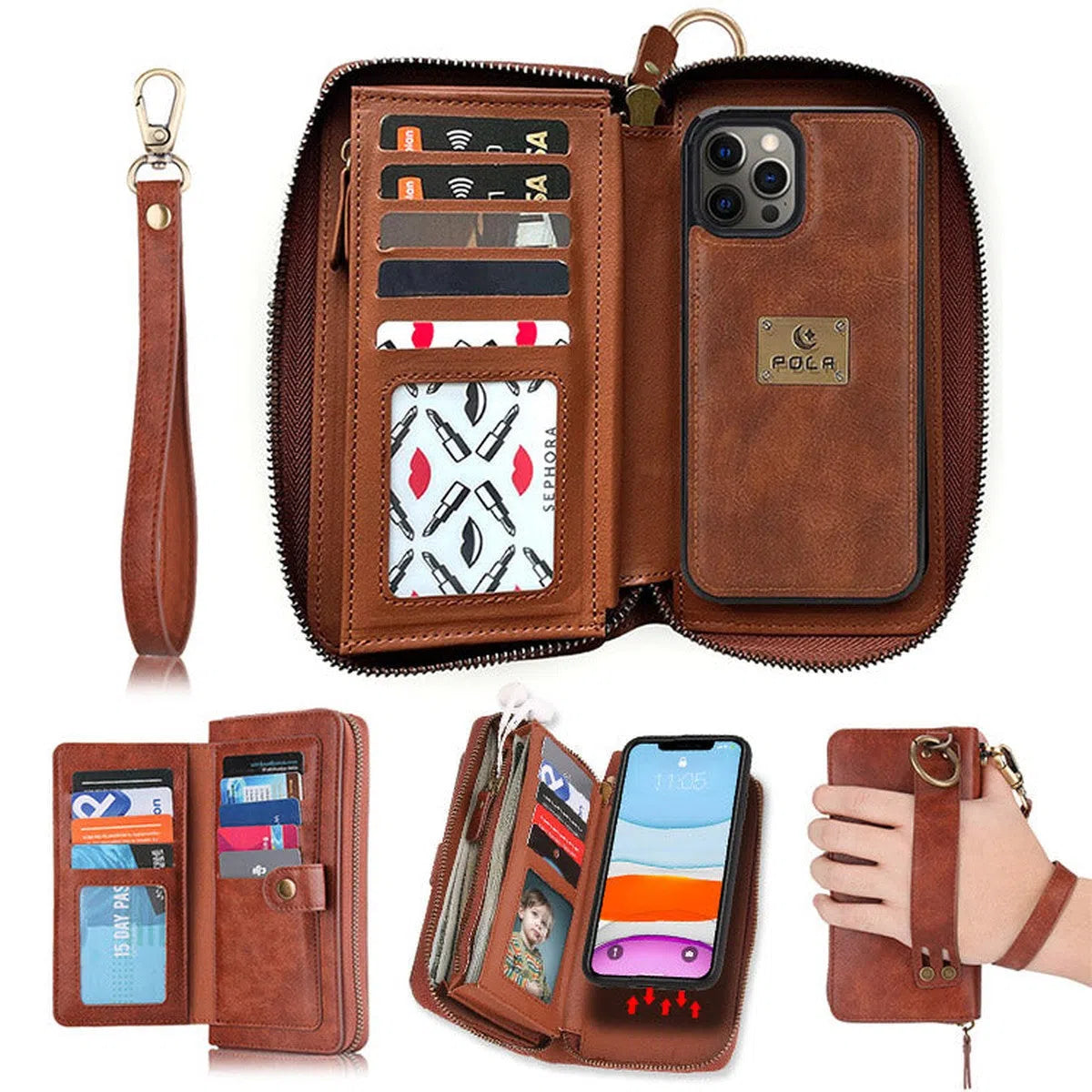 Buy Multi Functional Wallet Phone Case, 14 Card Slots 3 Purse 1 Zipper 1 Wrist Band 1 Metal Buckle, Wrist Strap Clutch Magnetic Detachable,Darell at Caseles-iPhone 16 Pro Max, Darell-Brown