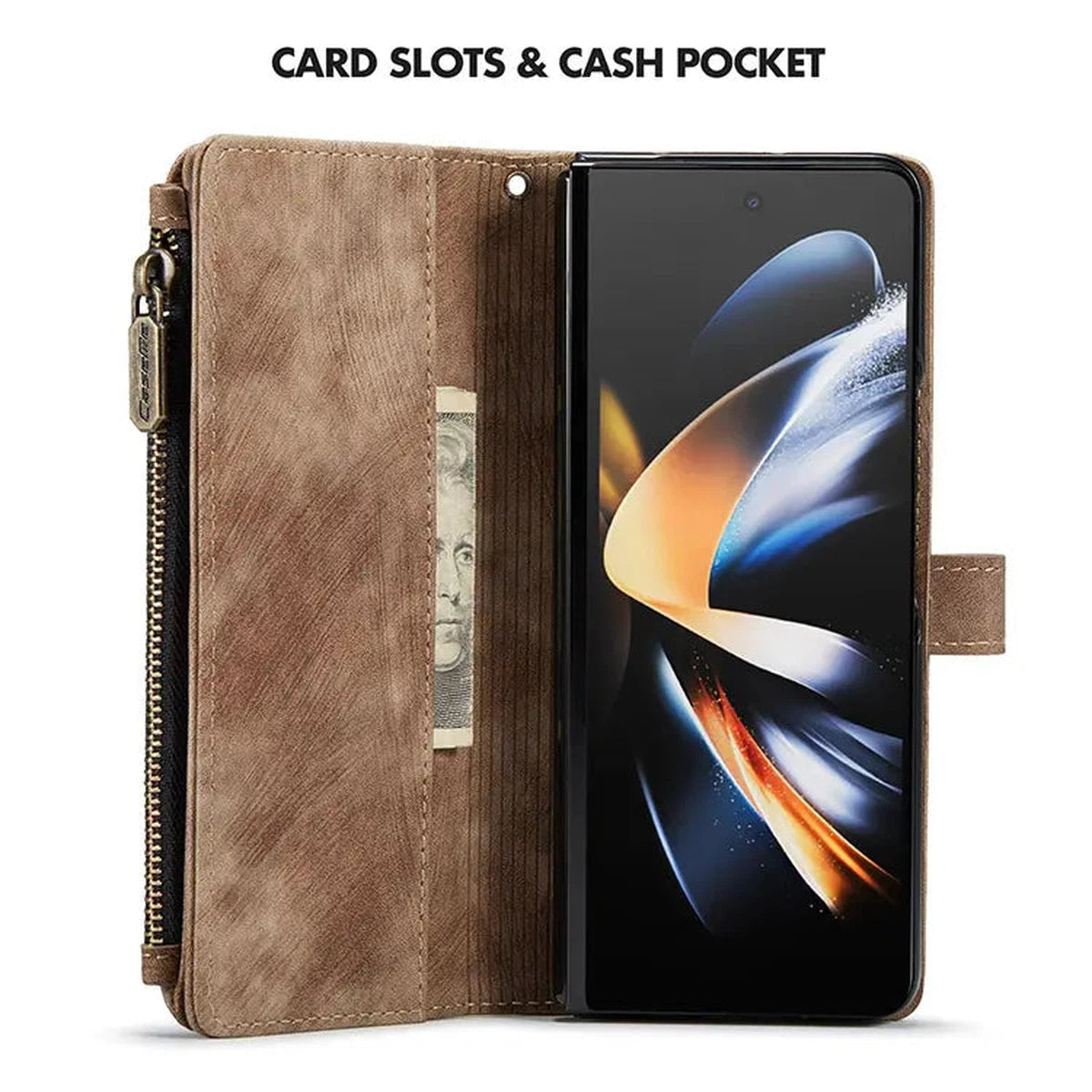 Buy Zipper Flip Folio Wallet Phone Case, Premium Leather Cover with Card Slots Cash Pocket Magnetic Closure and Kickstand,Devy at Caseles-Samsung Galaxy S24 Ultra, Brown