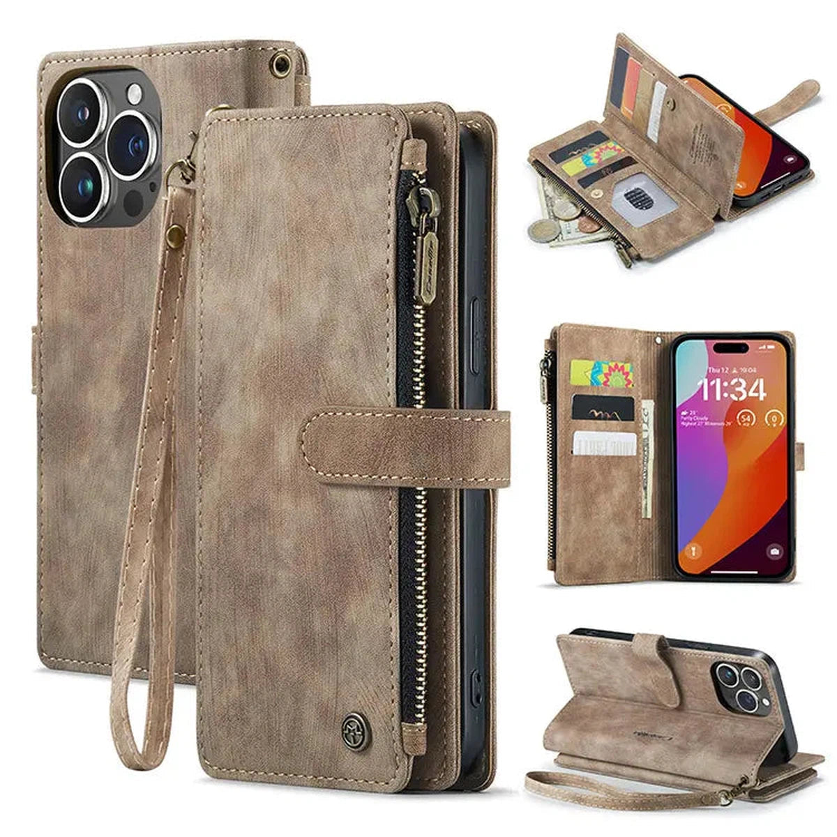 Buy Zipper Flip Folio Wallet Phone Case, Premium Leather Cover with Card Slots Cash Pocket Magnetic Closure and Kickstand,Devy at Caseles-iPhone 16 Pro Max, Brown