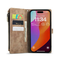 Buy Zipper Flip Folio Wallet Phone Case, Premium Leather Cover with Card Slots Cash Pocket Magnetic Closure and Kickstand,Devy at Caseles-iPhone 16 Pro Max, Brown