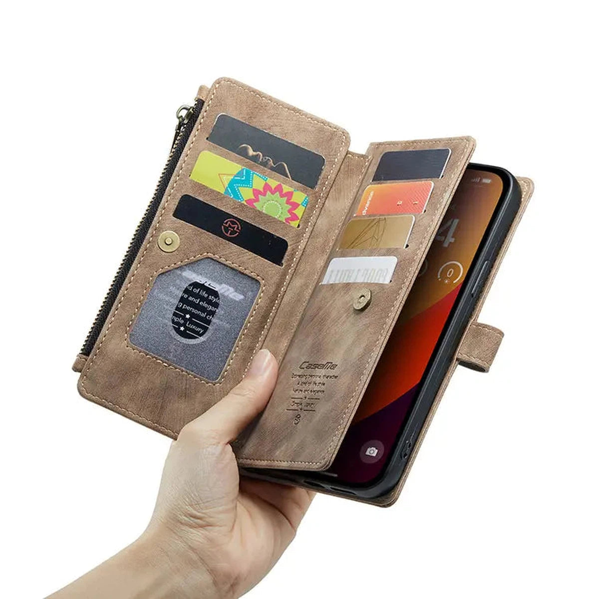 Buy Zipper Flip Folio Wallet Phone Case, Premium Leather Cover with Card Slots Cash Pocket Magnetic Closure and Kickstand,Devy at Caseles-iPhone 16 Pro Max, Brown