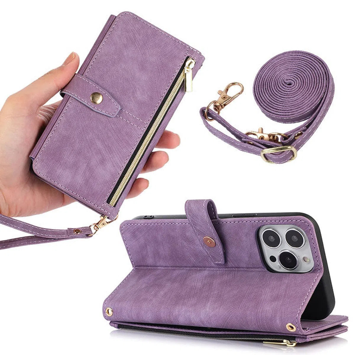 Buy Flip Crossbody Wallet Phone Case, With 9 Card Slots Zipper Pocket Retro Leather Hand Strap Kickstand Magnetic Closure Shockproof Cover,Ellie at Caseles-iPhone 16 Pro Max, Ellie-Purple