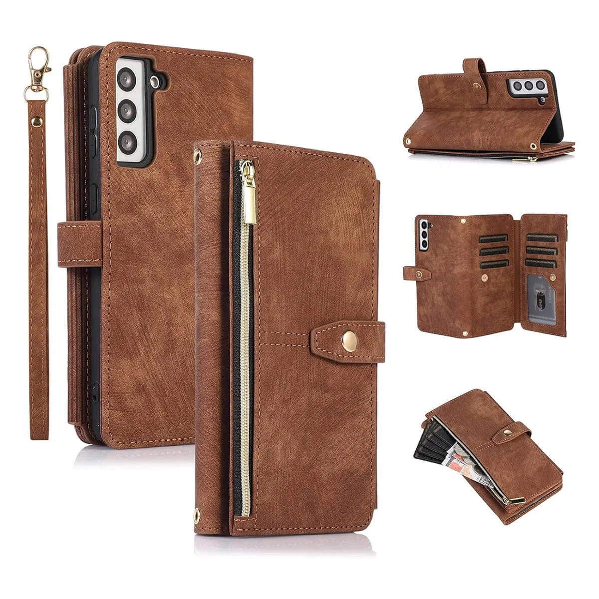 Buy Flip Crossbody Wallet Phone Case, With 9 Card Slots Zipper Pocket Retro Leather Hand Strap Kickstand Magnetic Closure Shockproof Cover,Ellie at Caseles-Samsung Galaxy S24 Ultra, Eliana-Brown