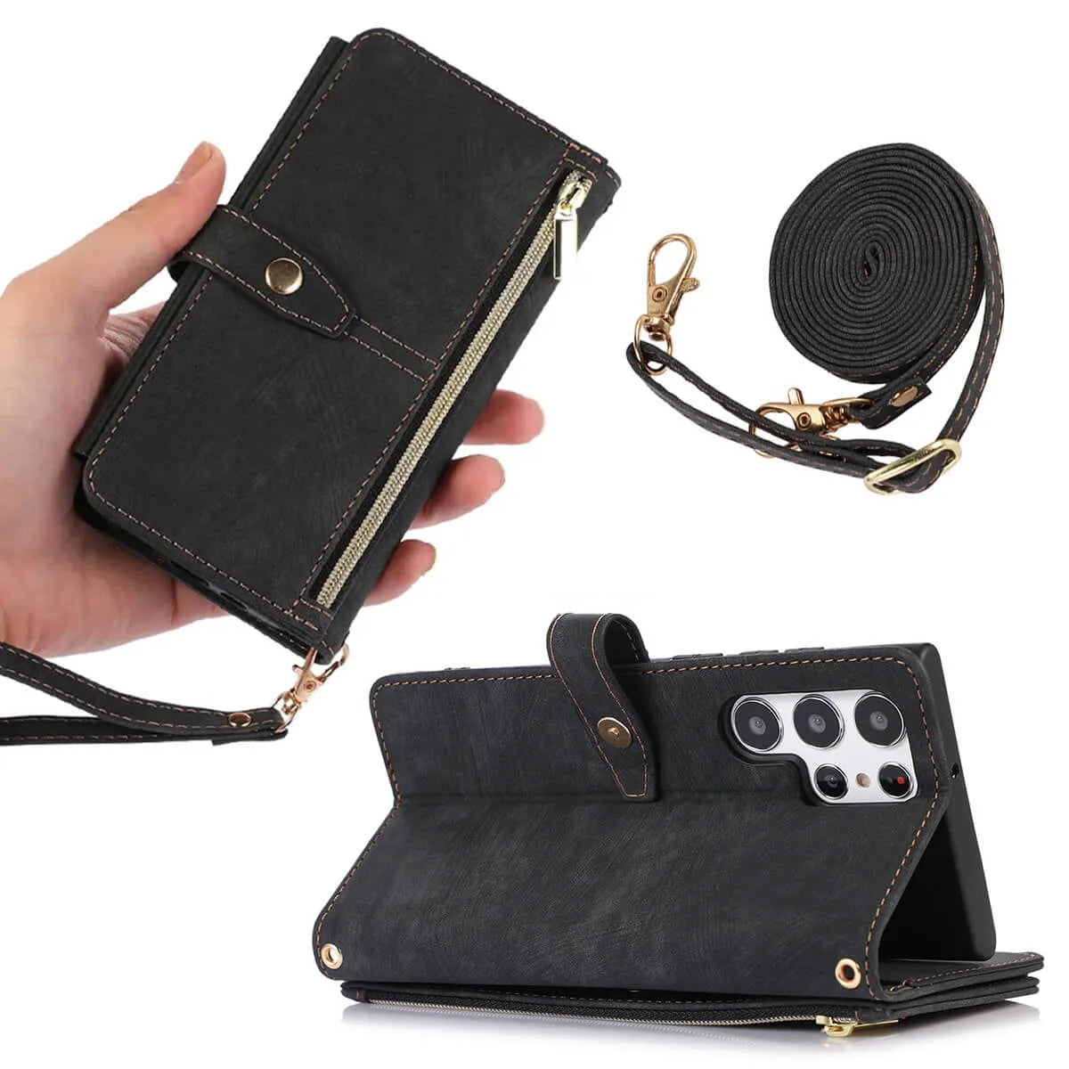 Buy Flip Crossbody Wallet Phone Case, With 9 Card Slots Zipper Pocket Retro Leather Hand Strap Kickstand Magnetic Closure Shockproof Cover,Ellie at Caseles-Samsung Galaxy S24 Ultra, Eliana-Black