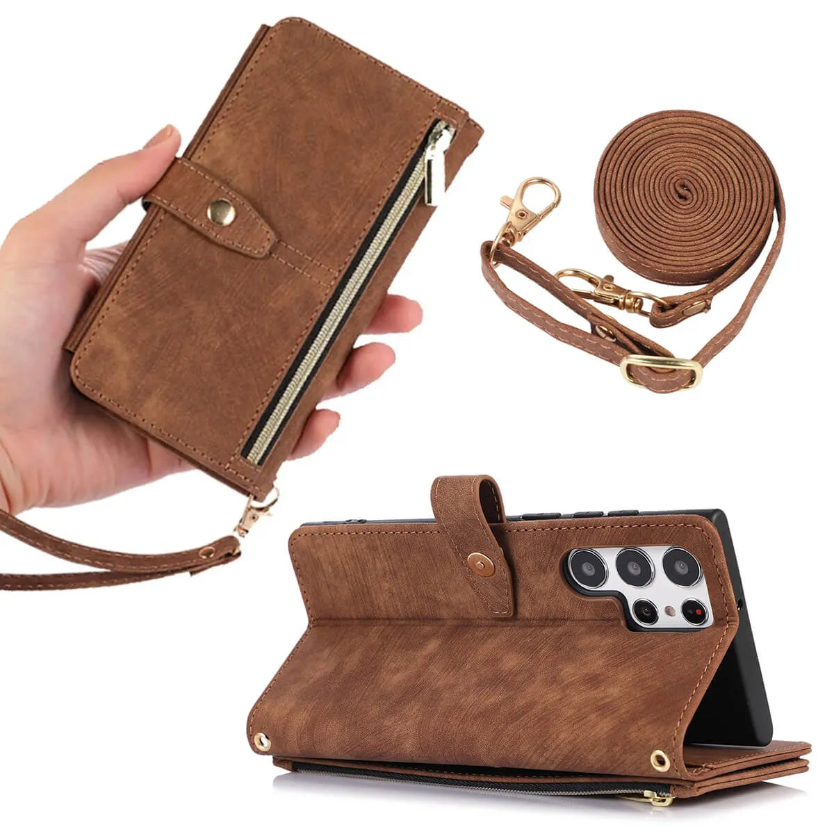 Buy Flip Crossbody Wallet Phone Case, With 9 Card Slots Zipper Pocket Retro Leather Hand Strap Kickstand Magnetic Closure Shockproof Cover,Ellie at Caseles-Samsung Galaxy S24 Ultra, Eliana-Black
