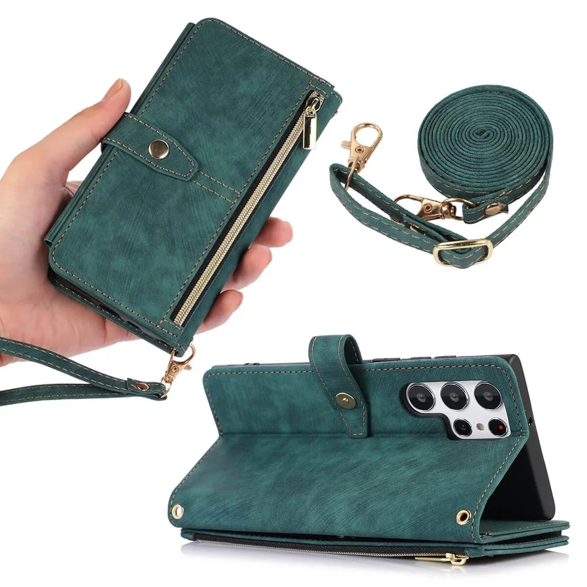 Buy Flip Crossbody Wallet Phone Case, With 9 Card Slots Zipper Pocket Retro Leather Hand Strap Kickstand Magnetic Closure Shockproof Cover,Ellie at Caseles-Samsung Galaxy S24 Ultra, Eliana-Black
