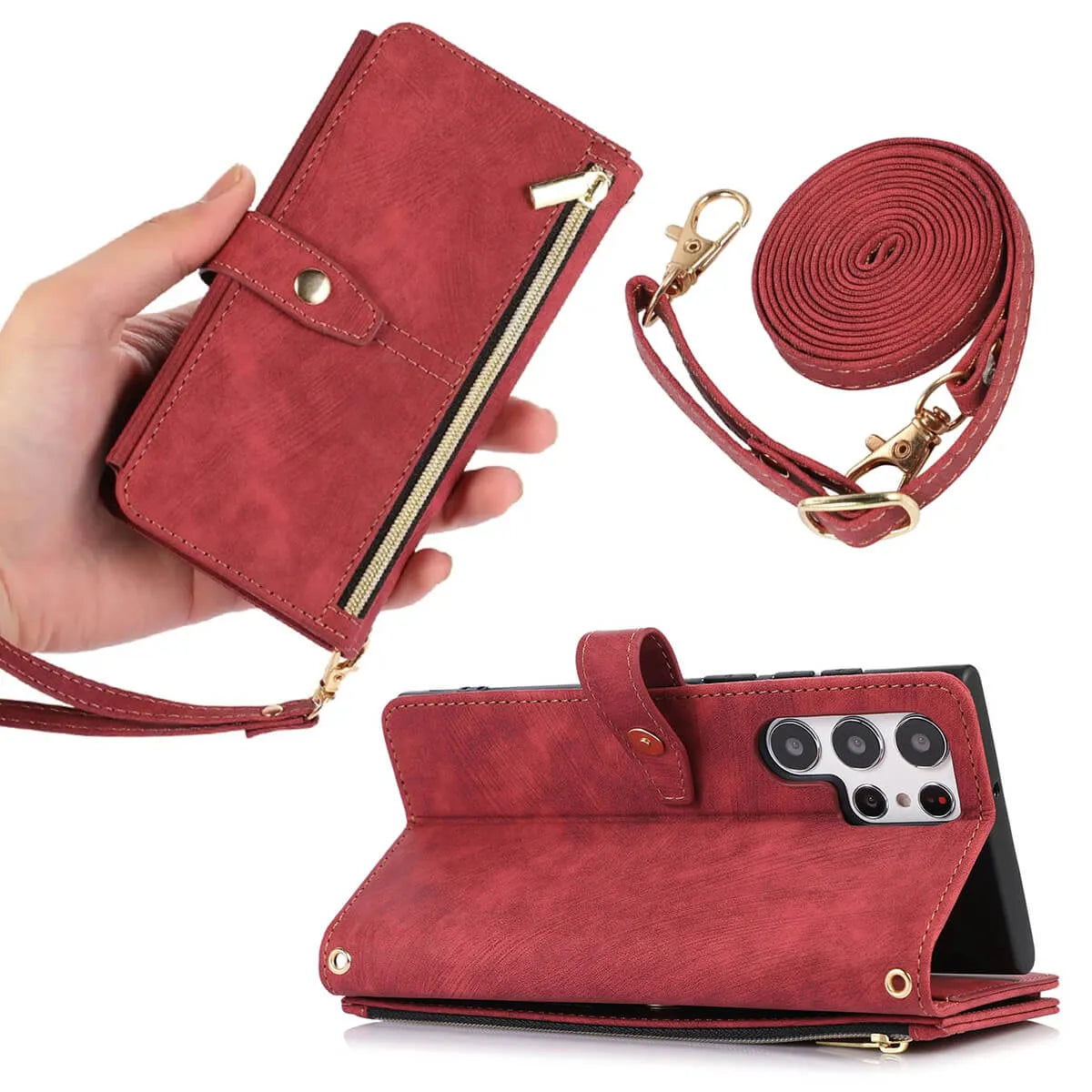 Buy Flip Crossbody Wallet Phone Case, With 9 Card Slots Zipper Pocket Retro Leather Hand Strap Kickstand Magnetic Closure Shockproof Cover,Ellie at Caseles-Samsung Galaxy S24 Ultra, Eliana-Black