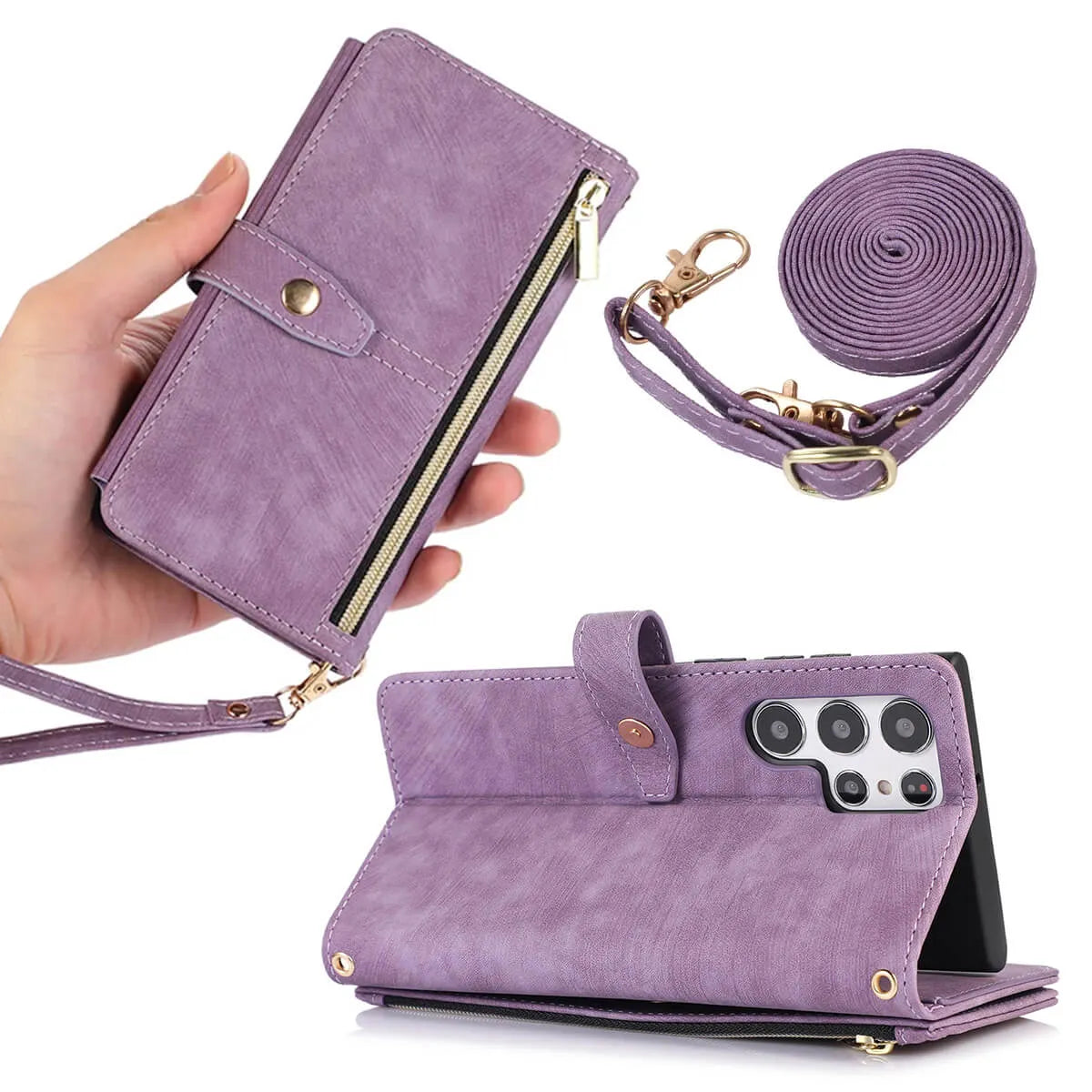 Buy Flip Crossbody Wallet Phone Case, With 9 Card Slots Zipper Pocket Retro Leather Hand Strap Kickstand Magnetic Closure Shockproof Cover,Ellie at Caseles-Samsung Galaxy S24 Ultra, Eliana-Black