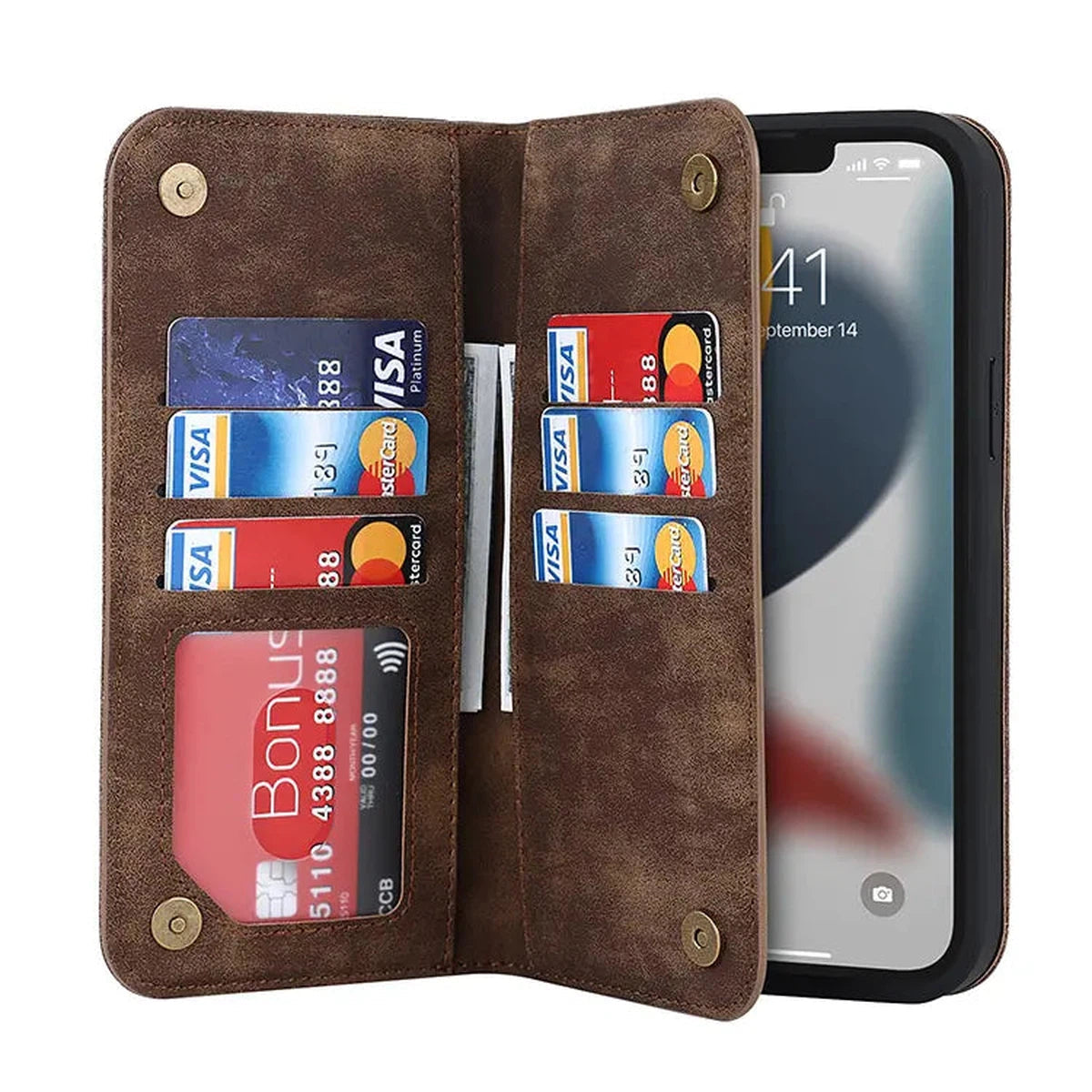 Buy Wallet Phone Case Compatible with MagSafe, Large Capacity, Cash Pocket, Card Slots, Flip Folio, Magnetic Closure & RFID Blocking, Support Wireless Charging, Shockproof Cover - MUSK at Caseles-iPhone 16 Pro Max, Musk-Brown