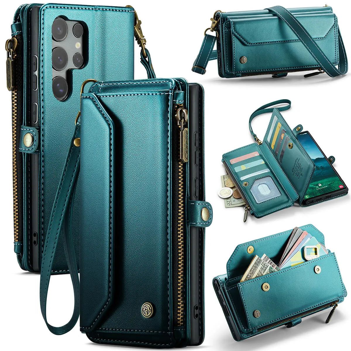 Buy Zipper Wallet Phone Case, RFID Blocking, Leather, Card Slots, for Samsung Galaxy, EVE at Caseles-Samsung Galaxy S25 Ultra, Aurora-Green