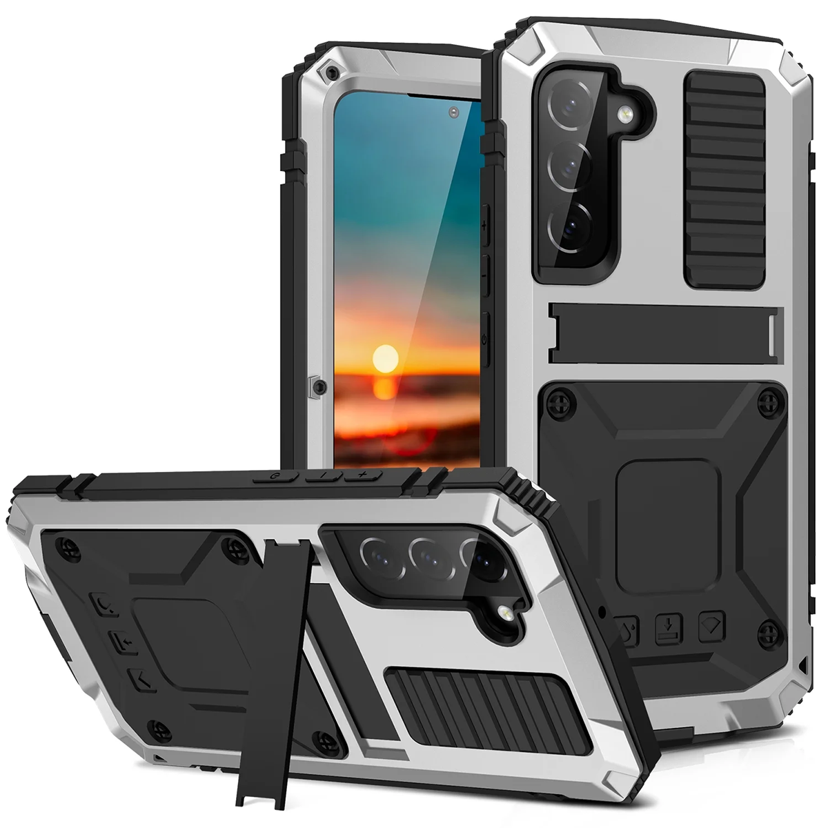 Buy Classic Full Body Metal Armor Phone Case, with Screen Protector, Heavy Duty Defender Shockproof Case,Hubert at Caseles-Samsung Galaxy S24 Ultra, Silver