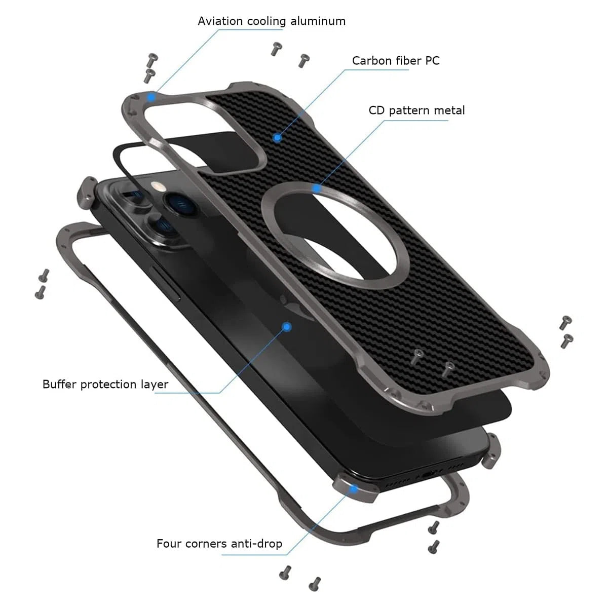 Buy Original Premium Aluminum Alloy Carbon fiber back Cover Metal Light Sturdy Shockproof Protective Case with Camera Lens Protector Film for iPhone,Jamarcus at Caseles-iPhone 16 Pro Max, 