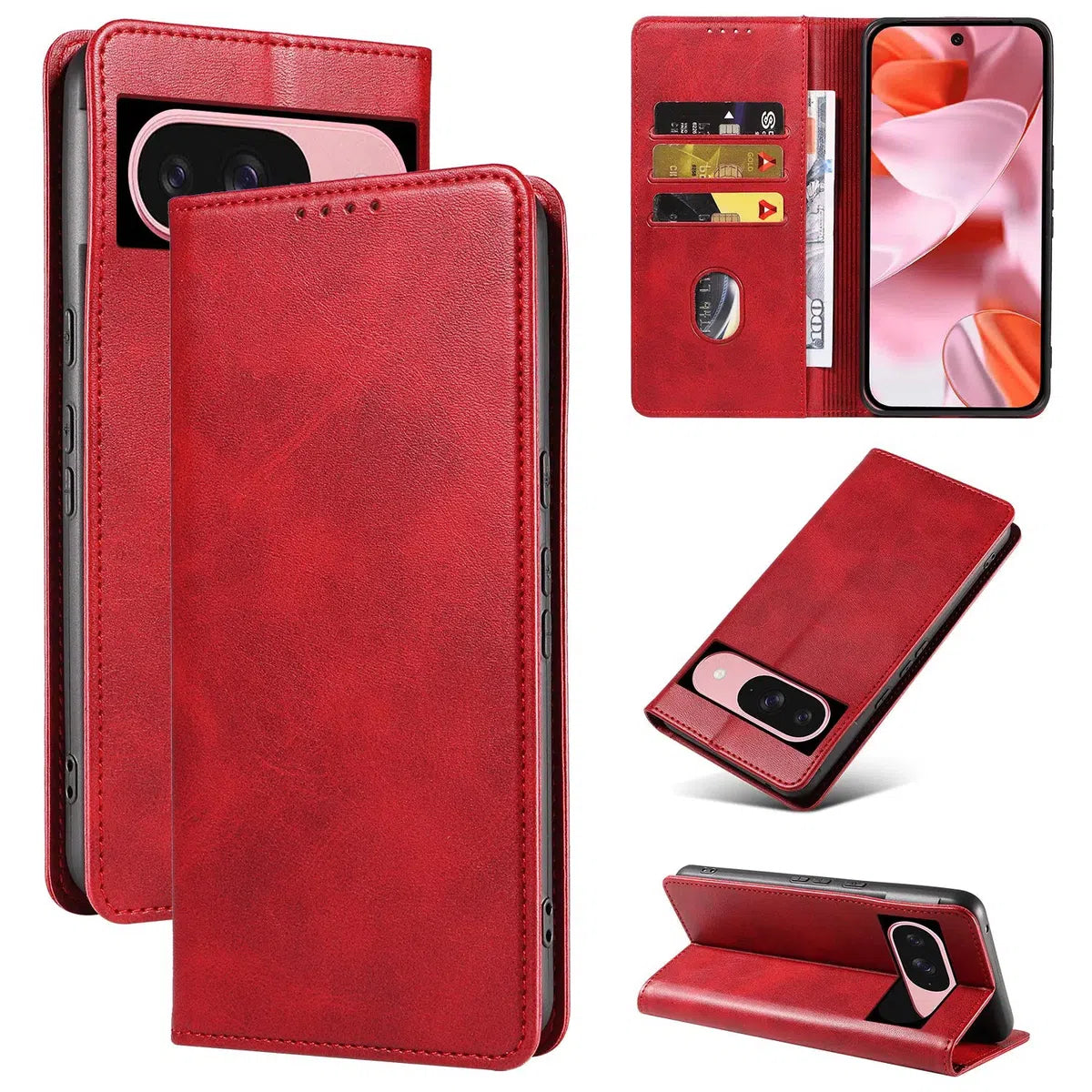 Buy Magnetic Folio Wallet Phone Case, Premium Leather, Credit Card Holder, Magnetic Closure, Flip Kickstand Shockproof Case,Barnett at Caseles-Google Pixel 9 Pro XL, Barnett-Red