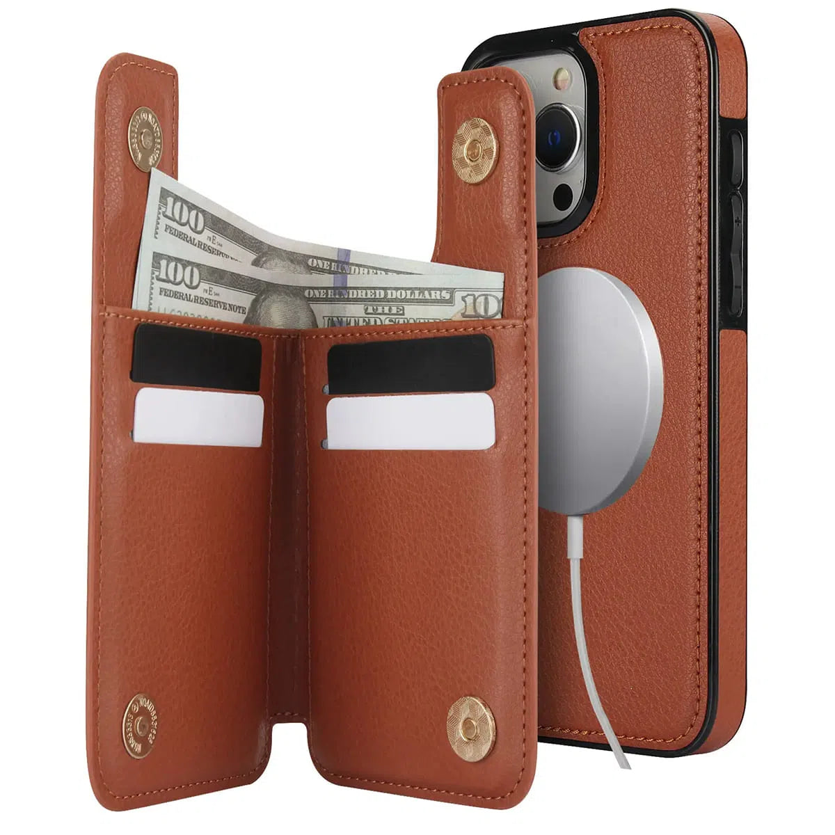 Buy iPhone Wallet Case, 4 Card Slots, Cash Slot, RFID Blocking, Magnetic, MagSafe Compatible,Liliana at Caseles-iPhone 16 Pro Max, Liliana-Brown