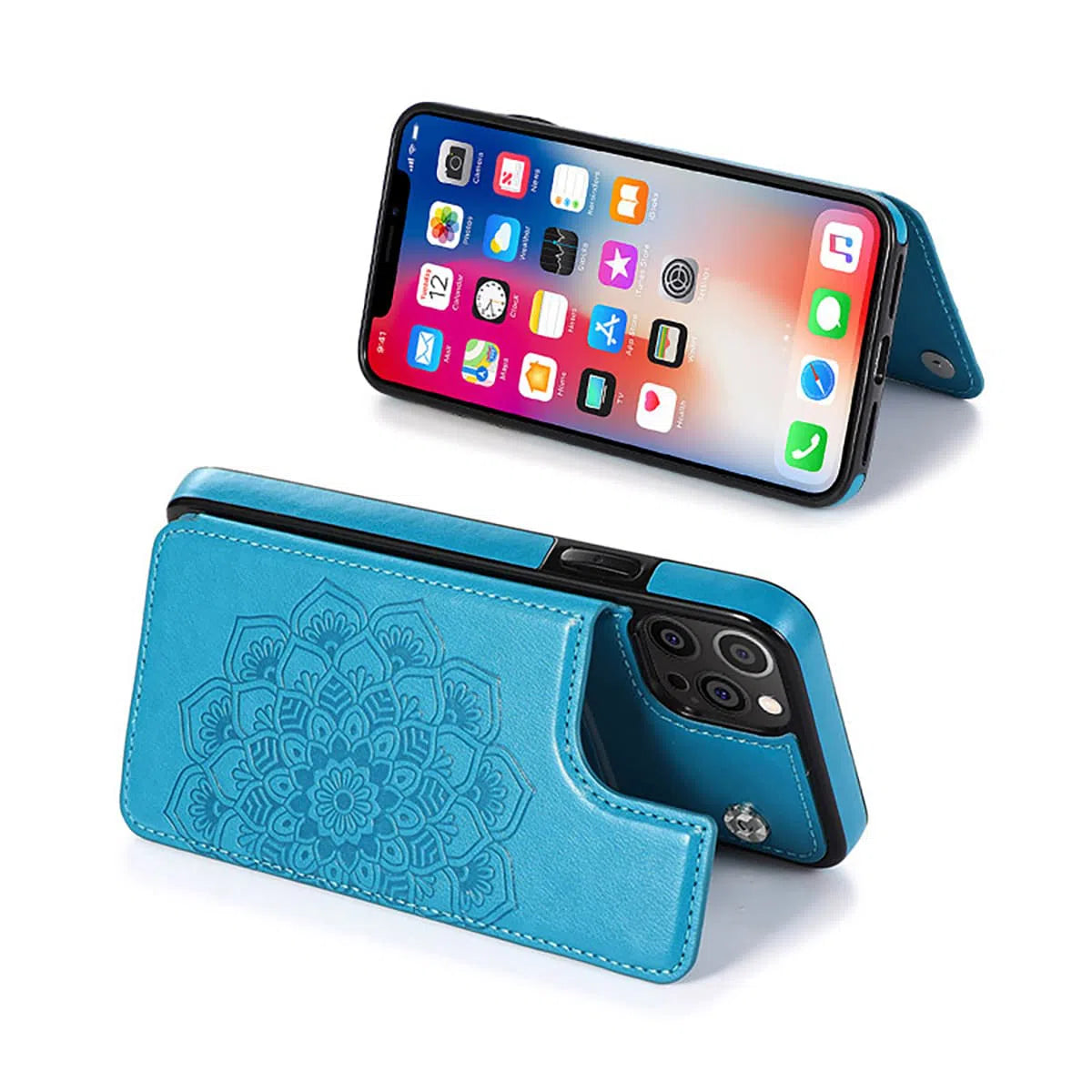 Buy Classic Mandala Wallet Phone Case, Credit Card Holder, Leather, Double Magnetic Buttons, Shockproof Case,Maddox at Caseles-iPhone 16 Pro Max, Maddox-Blue