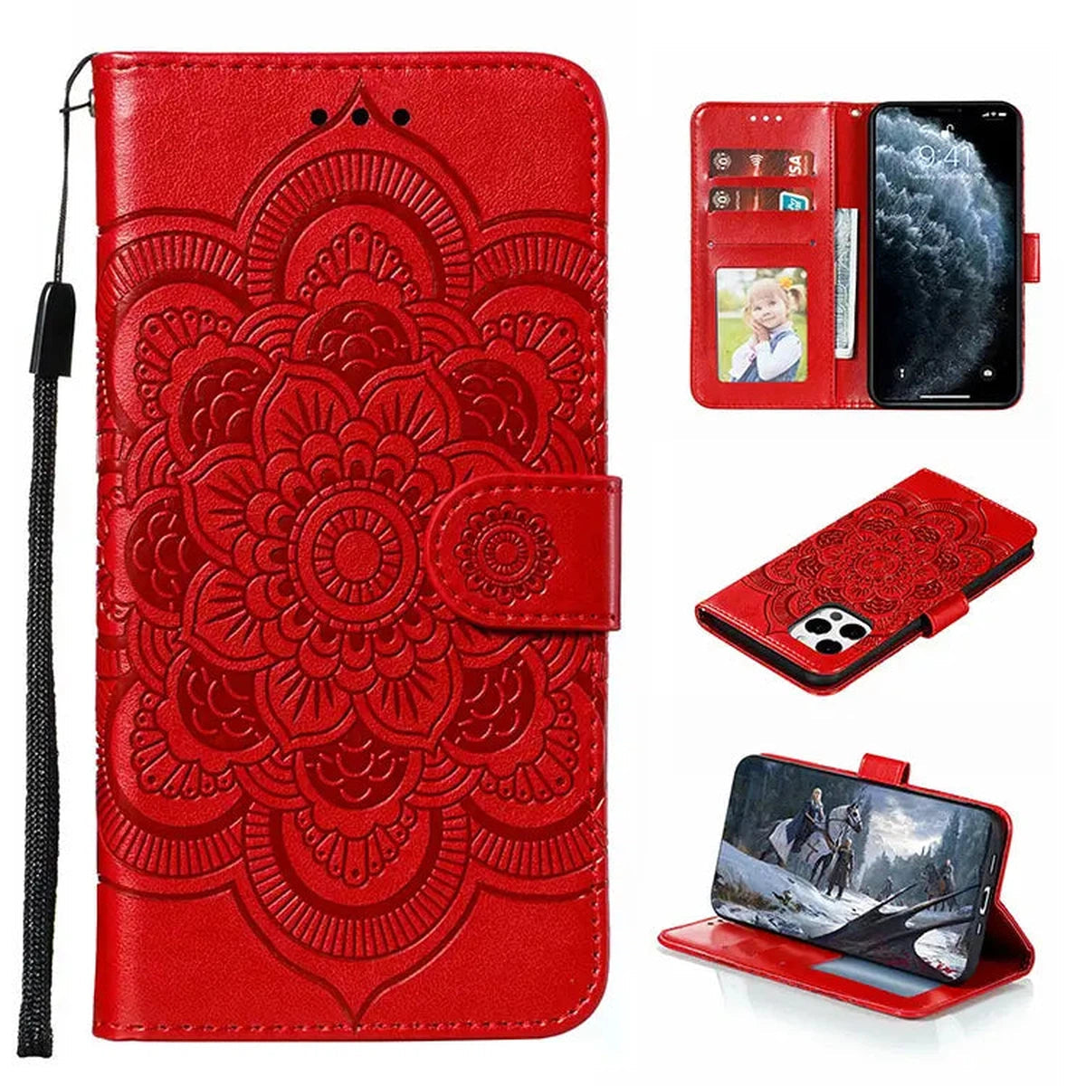 Buy Madelyn Folio Wallet Phone Case, Premium Leather, Credit Card Holder, Flip Kickstand Shockproof Case,Madelyn at Caseles-iPhone 16 Pro Max, Red