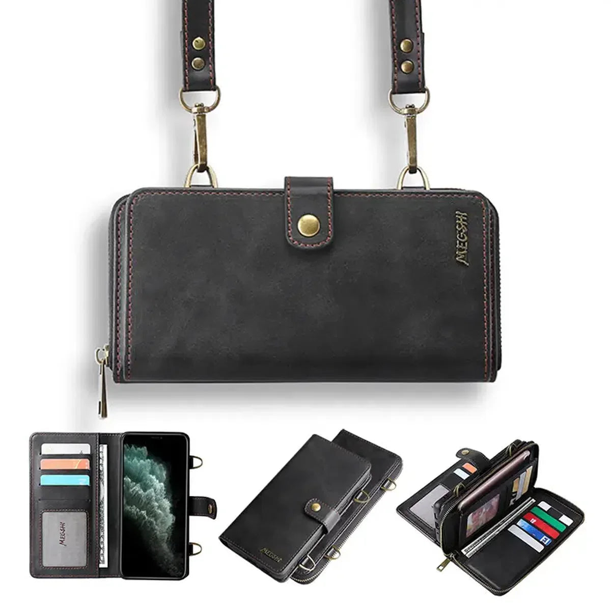 Buy Classic Crossbody Detachable Magnetic Wallet Phone Case For Pixel Phone, High Capacity with Strap - MELON at Caseles-Google Pixel 9 Pro XL, Melon-Black