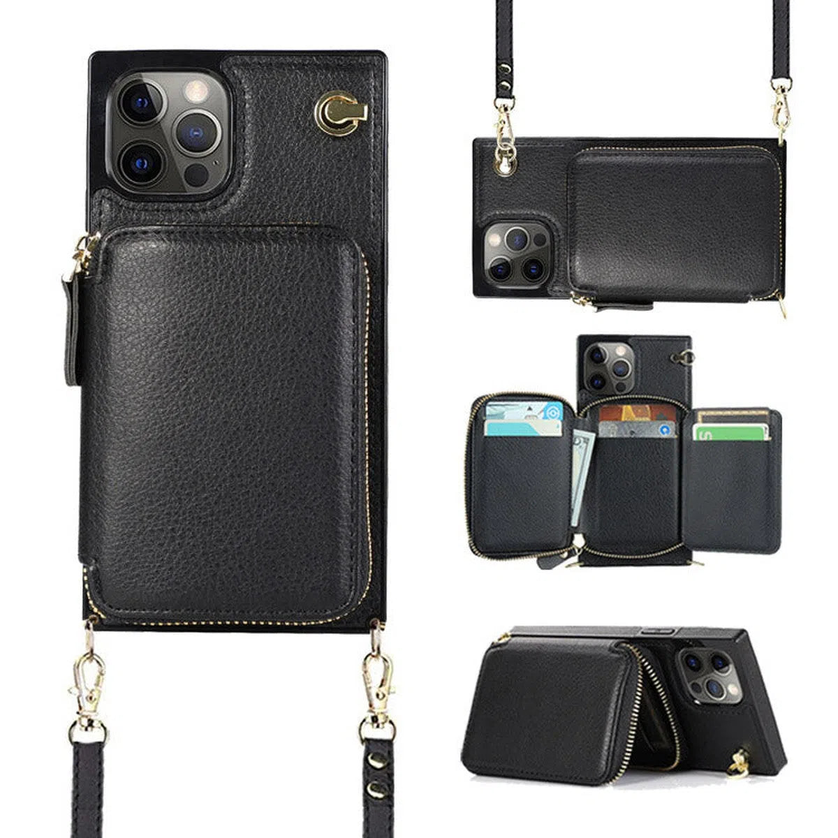 Buy Classic Crossbody Wallet Phone Case, Premium Leather, Credit Card Holder, Zipper Pocket Purse Handbag, Kickstand Shockproof Case - MIREYA at Caseles-iPhone 16 Pro Max, Mireya-Black