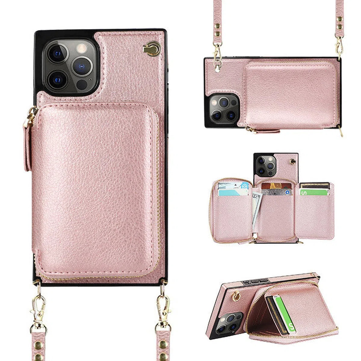 Buy Classic Crossbody Wallet Phone Case, Premium Leather, Credit Card Holder, Zipper Pocket Purse Handbag, Kickstand Shockproof Case - MOHINI at Caseles-iPhone 16 Pro Max, Mohini-Pink