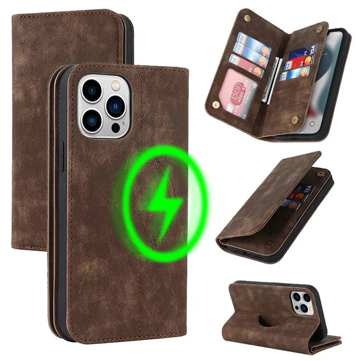 Buy Wallet Phone Case Compatible with MagSafe, Large Capacity, Cash Pocket, Card Slots, Flip Folio, Magnetic Closure & RFID Blocking, Support Wireless Charging, Shockproof Cover - MUSK at Caseles-iPhone 16 Pro Max, Musk-Brown