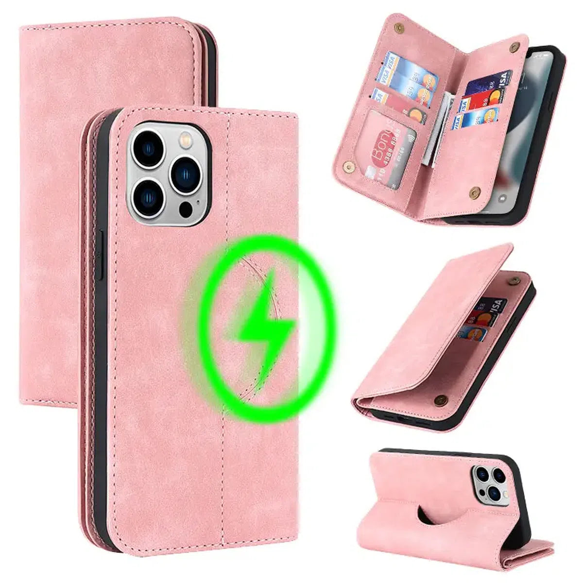 Buy Wallet Phone Case Compatible with MagSafe, Large Capacity, Cash Pocket, Card Slots, Flip Folio, Magnetic Closure & RFID Blocking, Support Wireless Charging, Shockproof Cover - MUSK at Caseles-iPhone 16 Pro Max, Musk-Pink