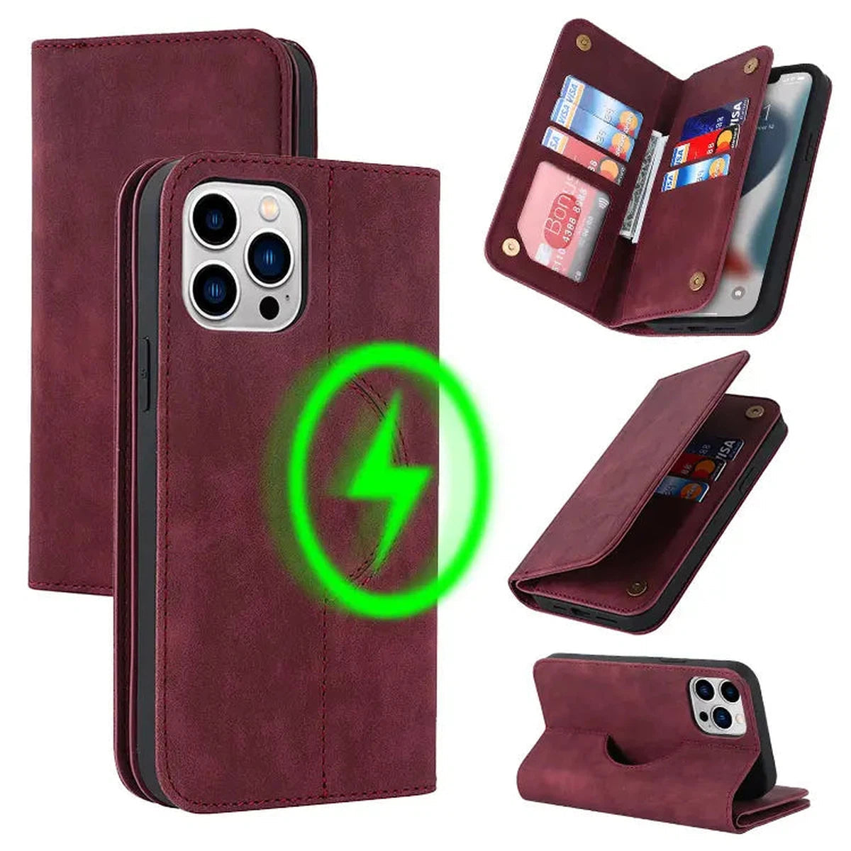 Buy Wallet Phone Case Compatible with MagSafe, Large Capacity, Cash Pocket, Card Slots, Flip Folio, Magnetic Closure & RFID Blocking, Support Wireless Charging, Shockproof Cover - MUSK at Caseles-iPhone 16 Pro Max, Musk-Red