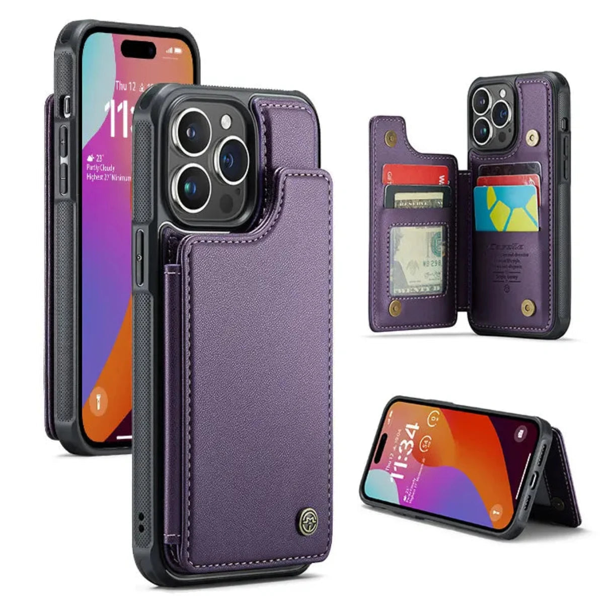 Buy Leather Flip Folio Phone Wallet Case, Magnetic Snap & RFID Blocking Card Slots, Kickstand Shockproof Protective Cover - NASH at Caseles-iPhone 16 Pro Max, Nash-Purple