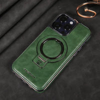 Buy Luxury Leather Invisible Stand for iPhone Case, Transmitg Magnetic Phone Case for iPhone Built-in Invisible Stand - PHOEBE at Caseles-iPhone 16 Pro Max, Phoebe-Green